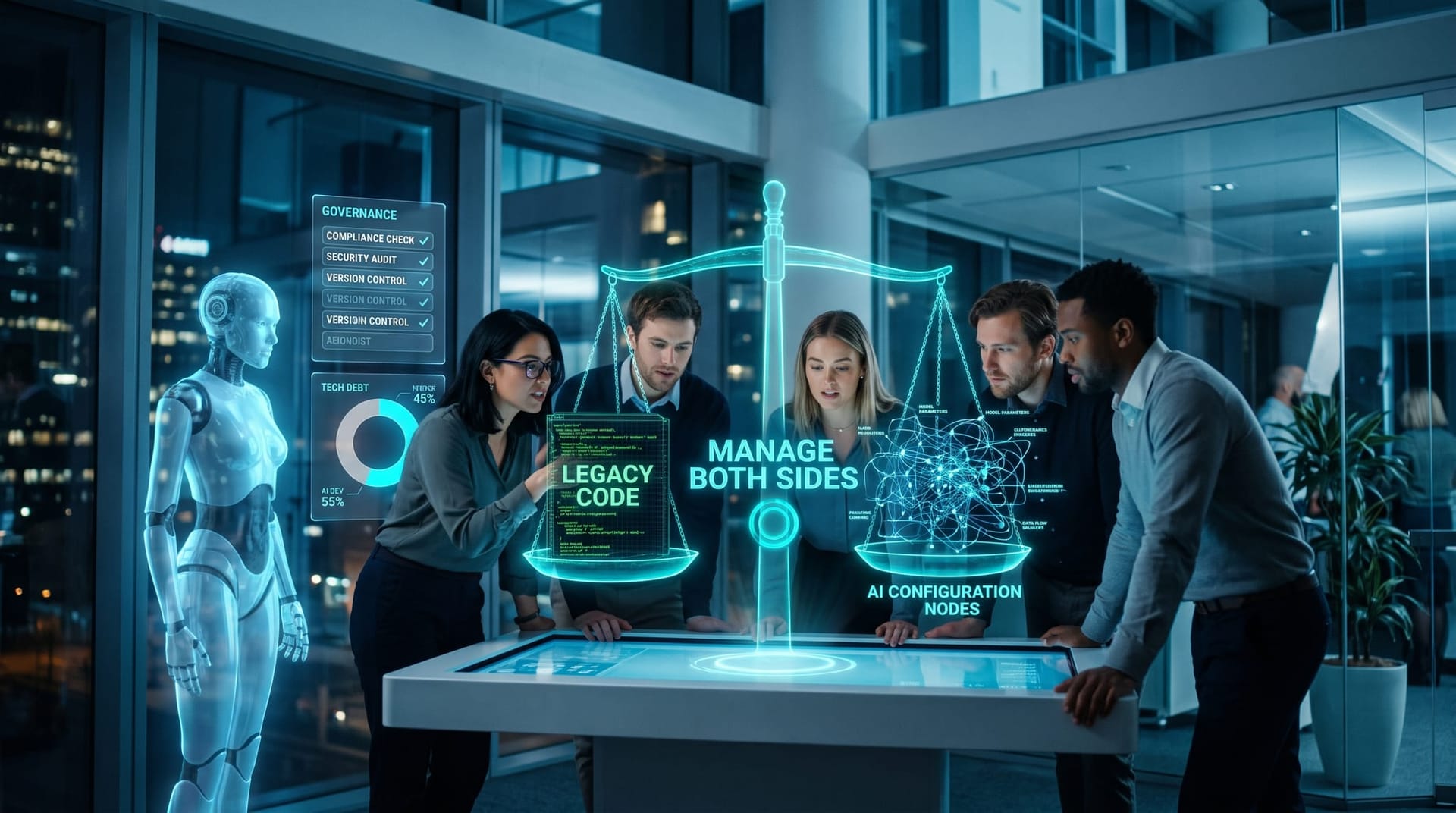 A balanced-scale holographic visualization in cyan weighing legacy code debt against new AI-generated debt above a reviewing business team