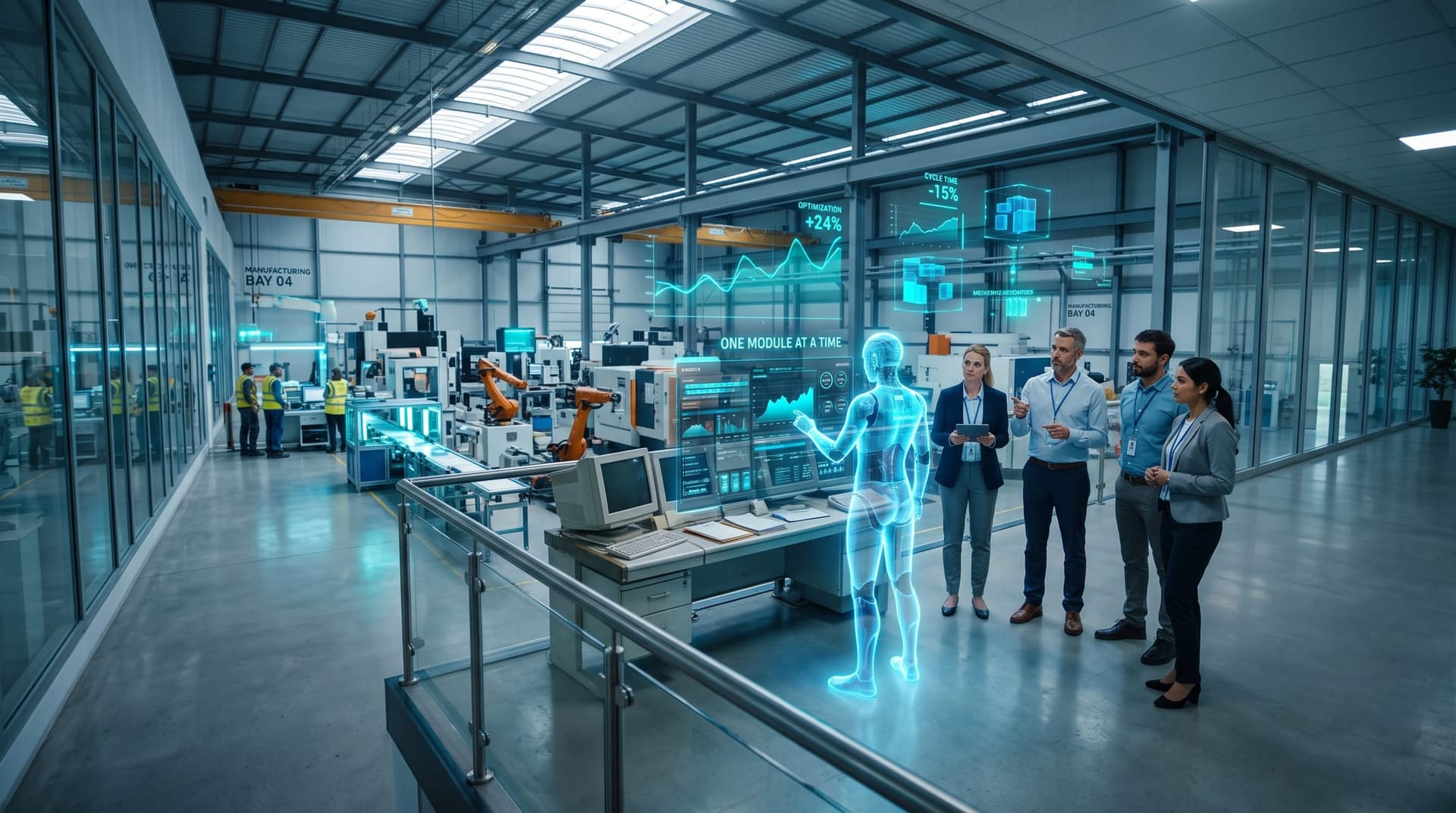 A Northeast Indiana operations team on a manufacturing floor viewing a cyan holographic AI employee modernizing an aging scheduling system