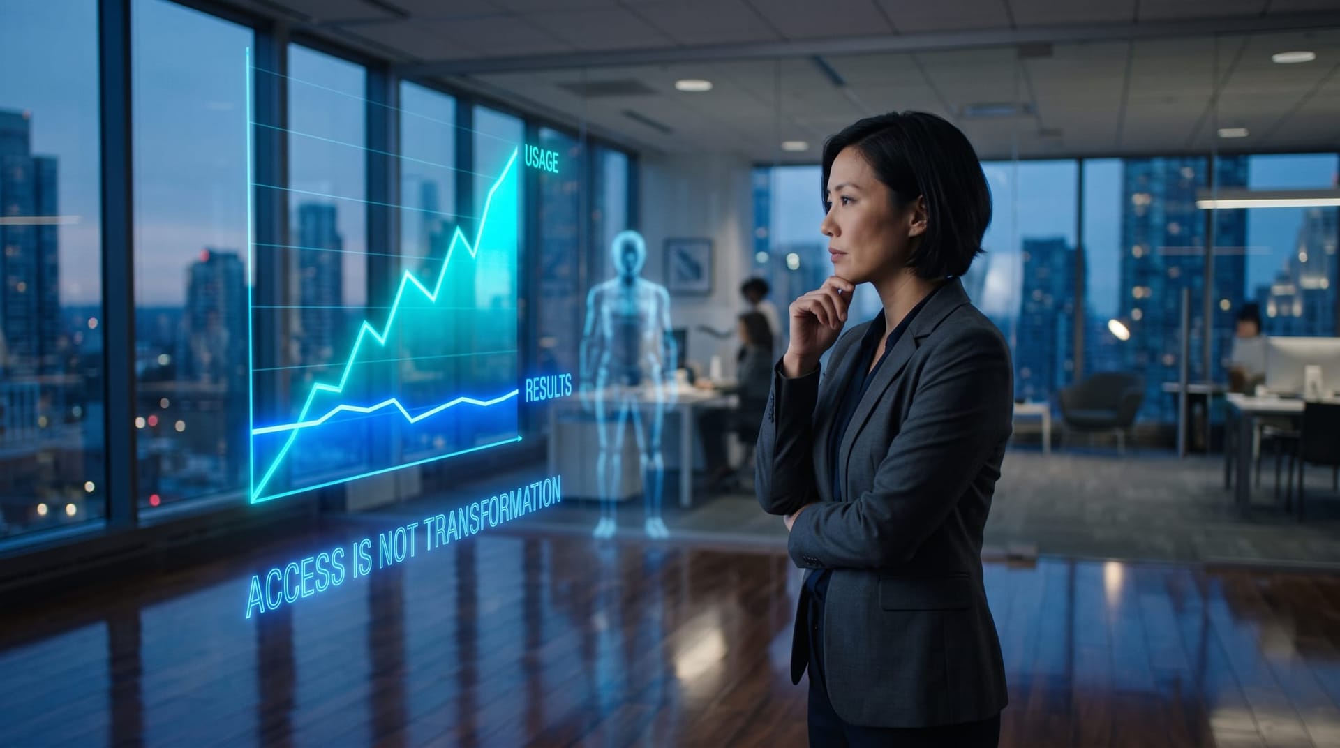 Business owner studying a floating cyan dashboard contrasting high AI license usage against flat workflow results in a glass office