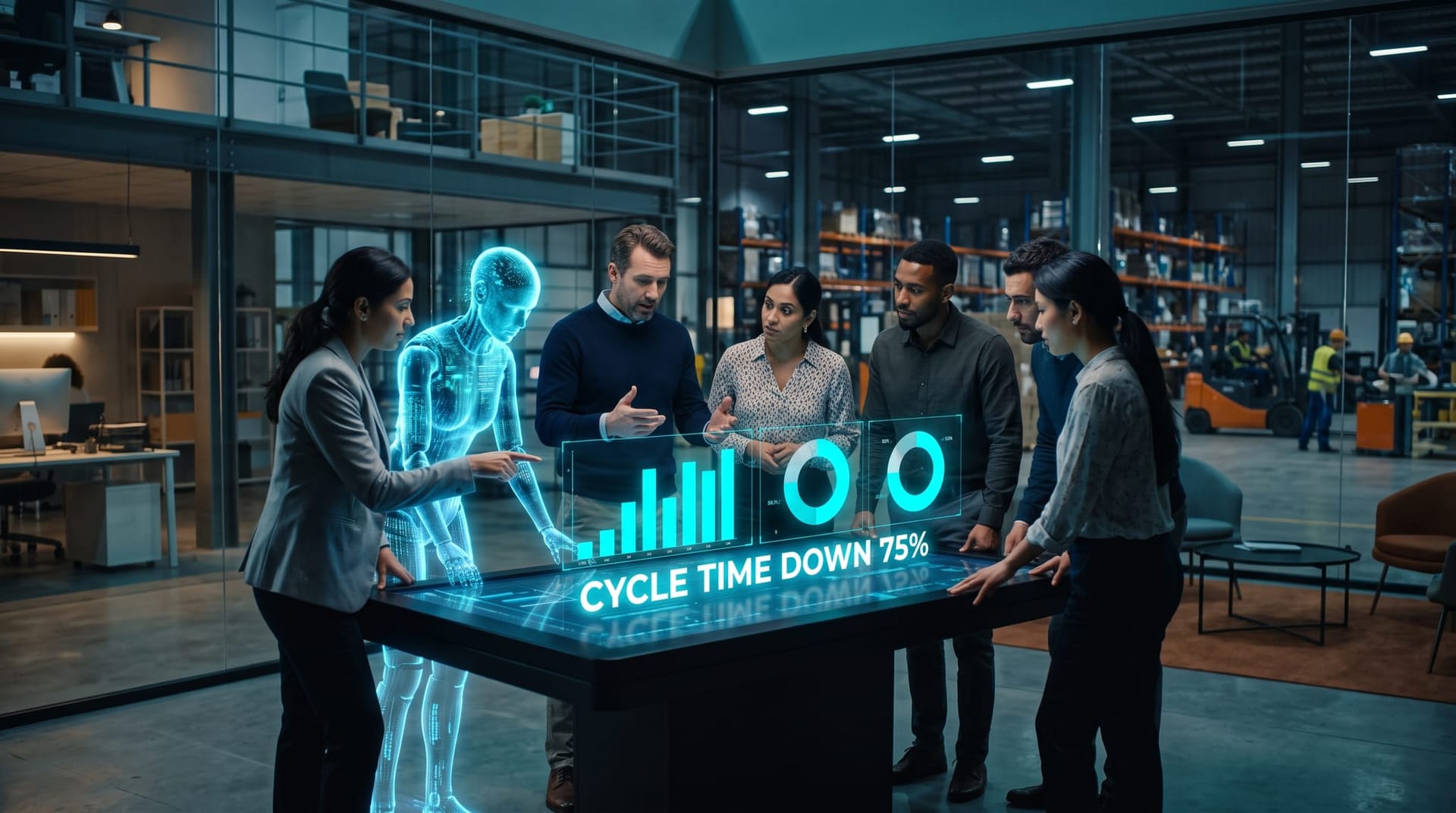 Fort Wayne operations team reviewing supply-chain cycle-time metrics on glowing cyan holographic charts in a warehouse office