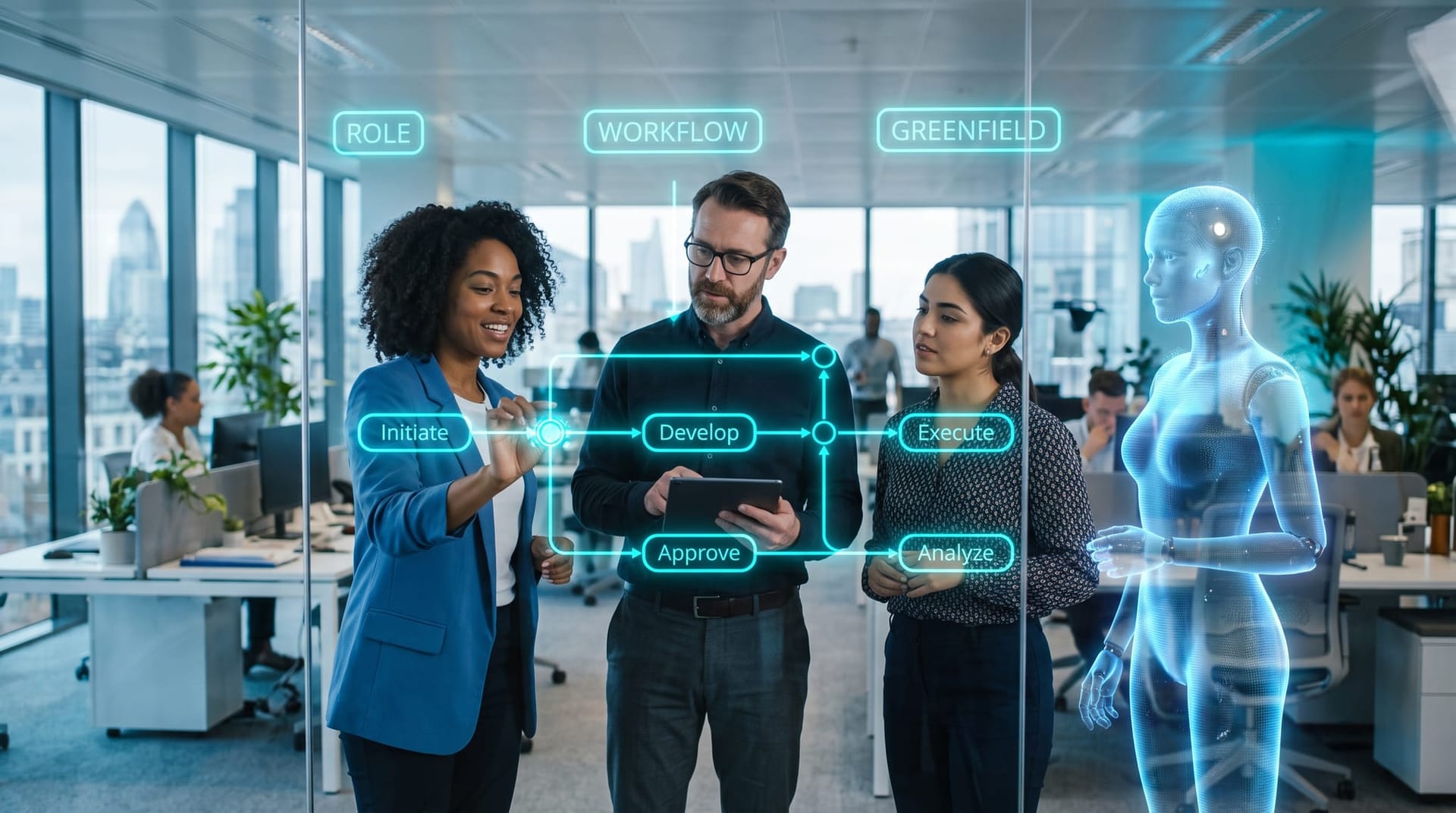 Three colleagues mapping AI transformation recipes on a floating cyan workflow diagram with a holographic AI employee in a bright office