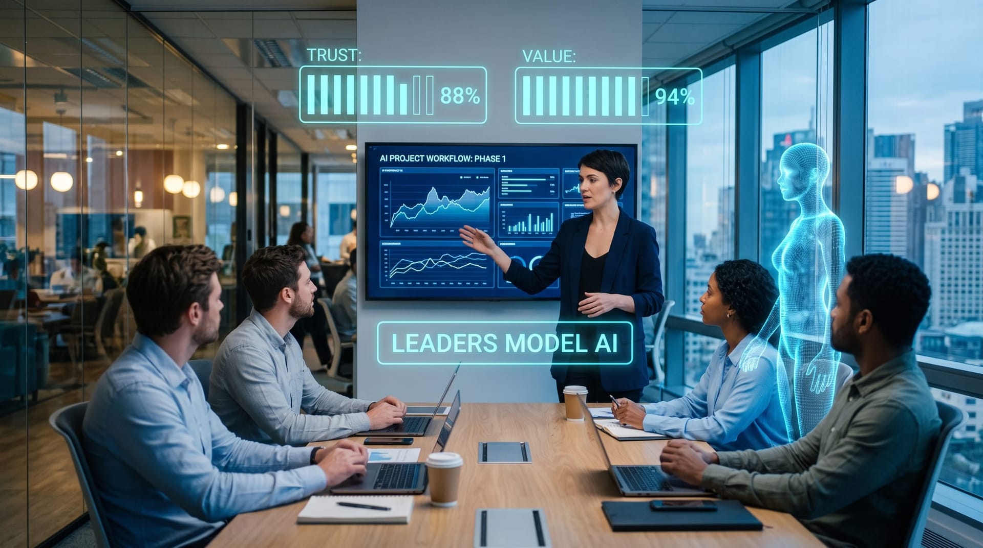 A team leader demonstrating AI use in the open to colleagues around a screen with floating cyan adoption and trust metrics