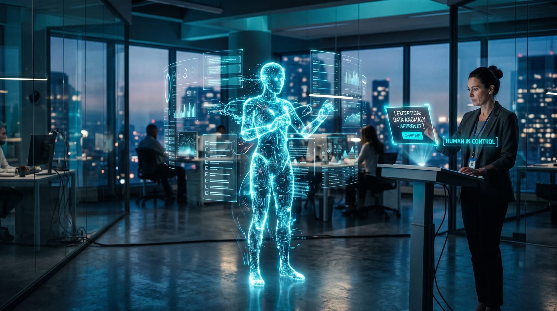 A holographic AI employee autonomously running a workflow while a human supervisor approves an escalated exception on a cyan panel