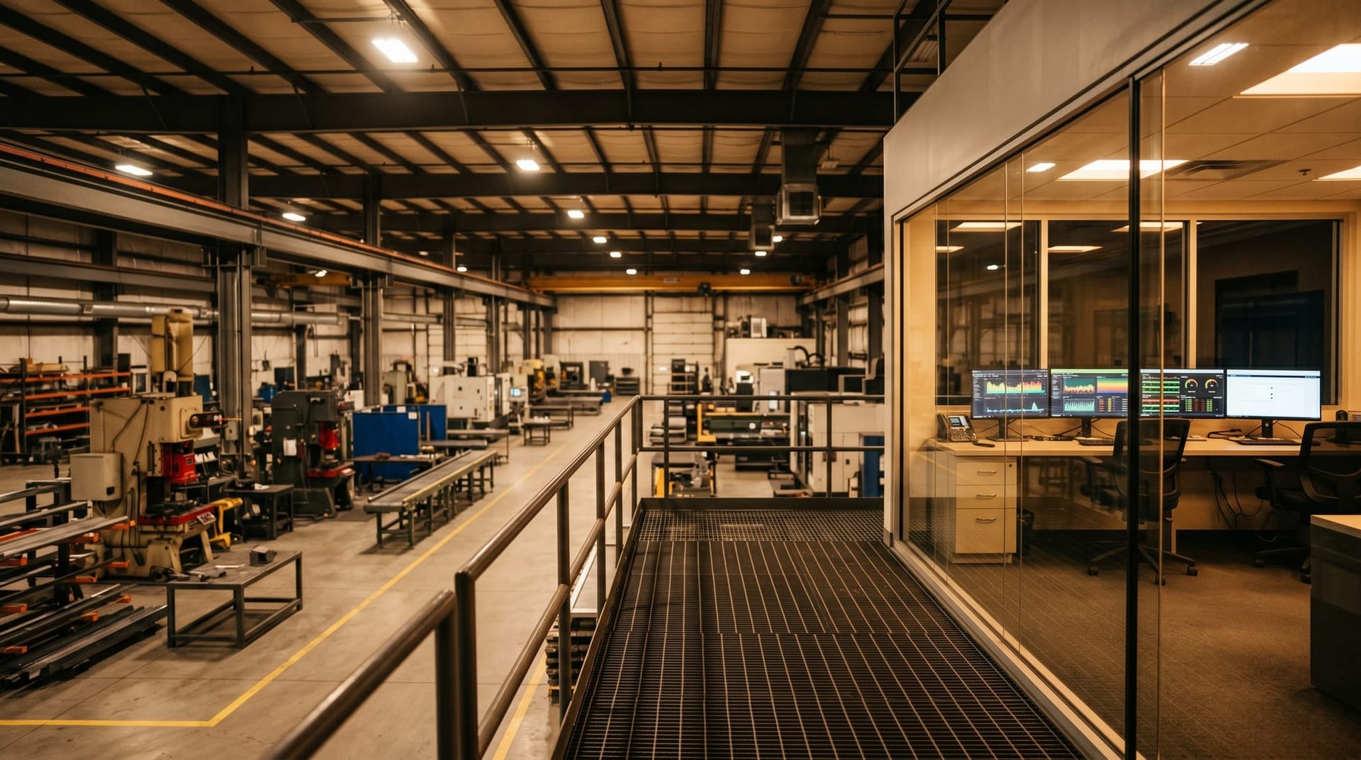 An empty mid-sized Northeast Indiana manufacturing plant floor at end of shift with a control room window overlooking the line, suggesting an ERP-connected AI agent governance scenario.