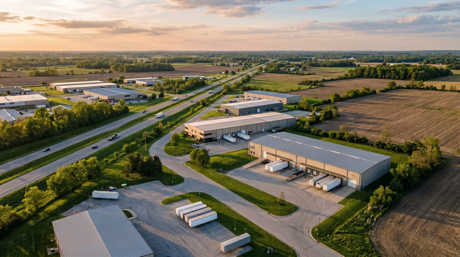 An aerial-style photograph of an industrial park along a Northeast Indiana highway corridor at golden hour with several mid-sized manufacturing buildings, suggesting the I-69 manufacturing concentration.