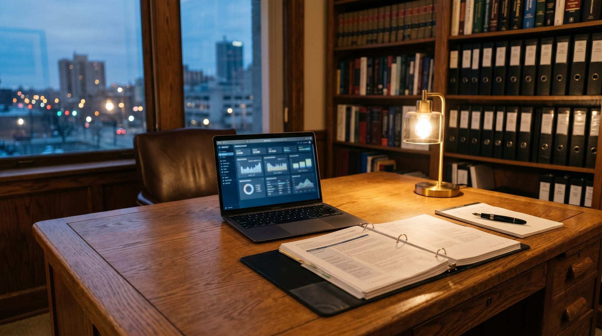 A tidy late-evening Fort Wayne law-firm or compliance-office desk with a printed incident response runbook beside a laptop showing a structured log dashboard.