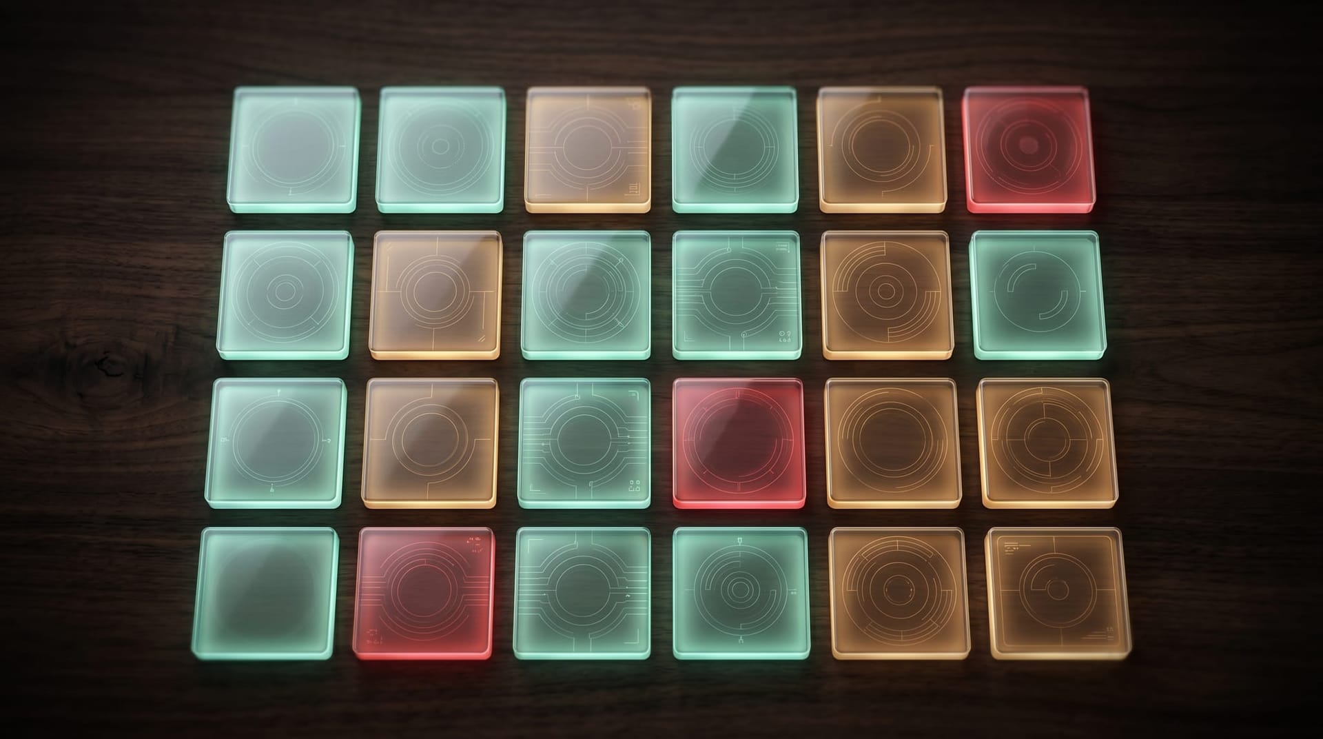 Abstract composition of a translucent grid of cells with some glowing green for read-permitted and some glowing amber for write-restricted, suggesting an AI-agent permission matrix.