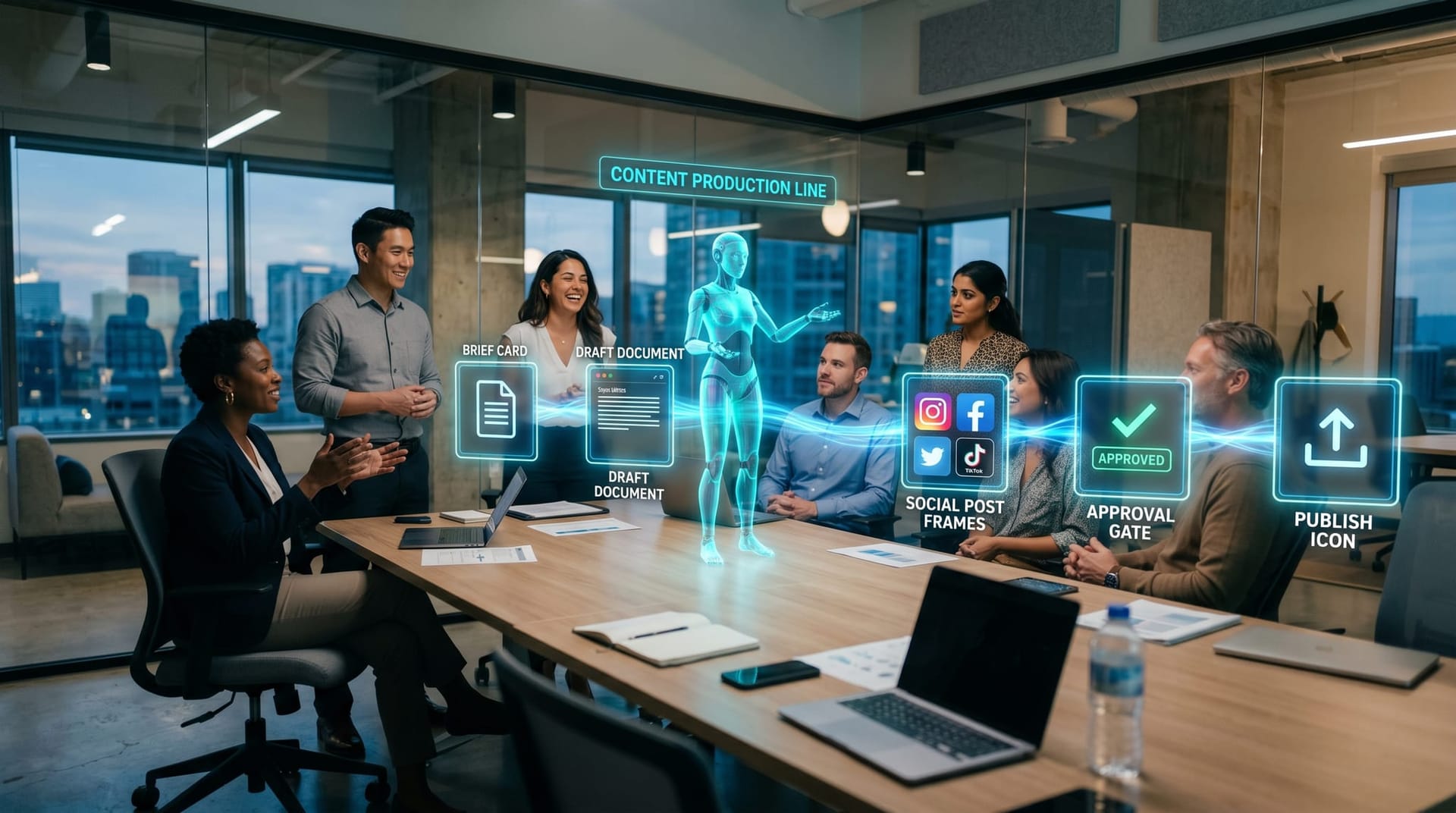 A marketing team watching a translucent cyan AI Employee avatar orchestrate a glowing content production line from brief to publish in a glass-walled office.