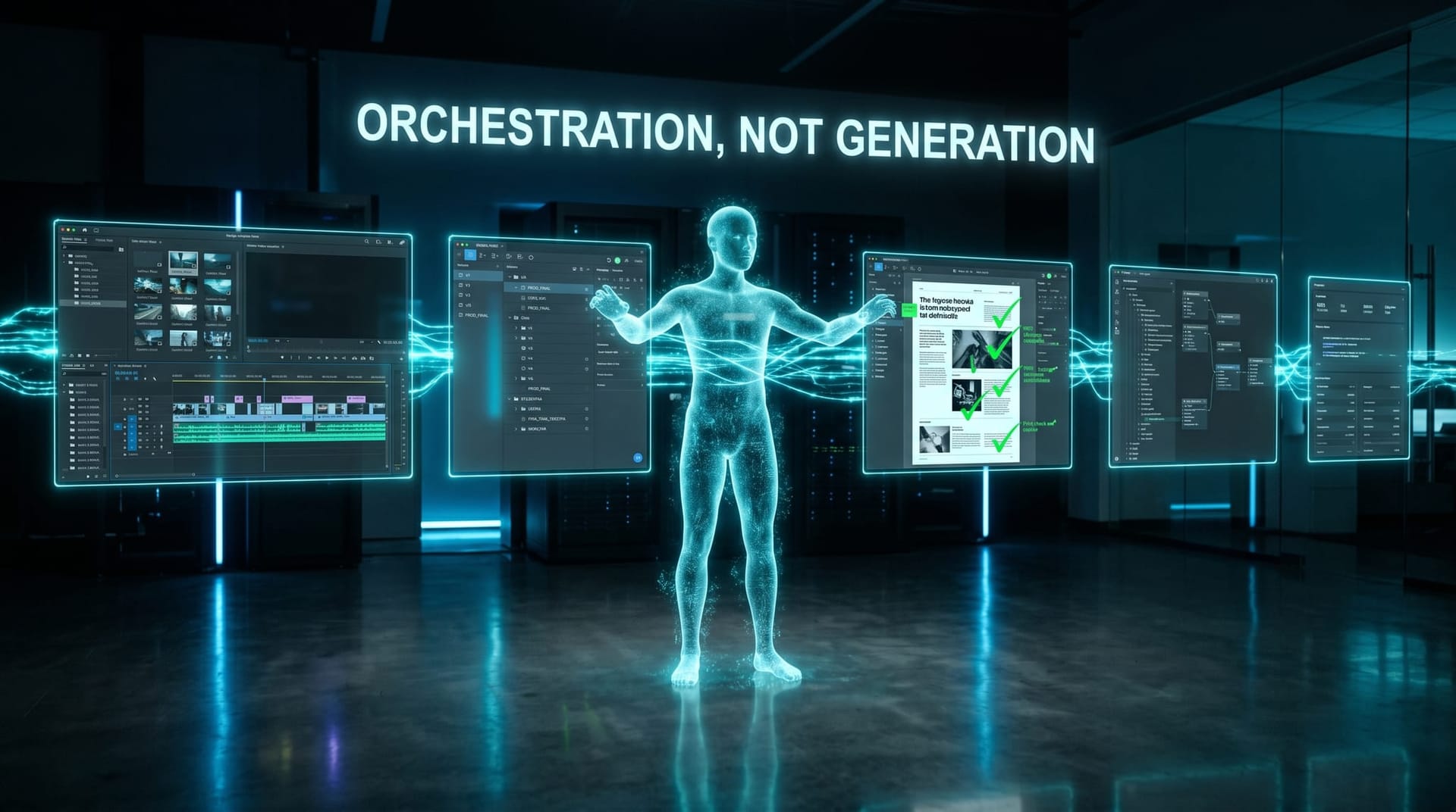 Translucent cyan AI Employee avatar sequencing multiple floating creative app panels into one connected workflow, showing agentic production orchestration.