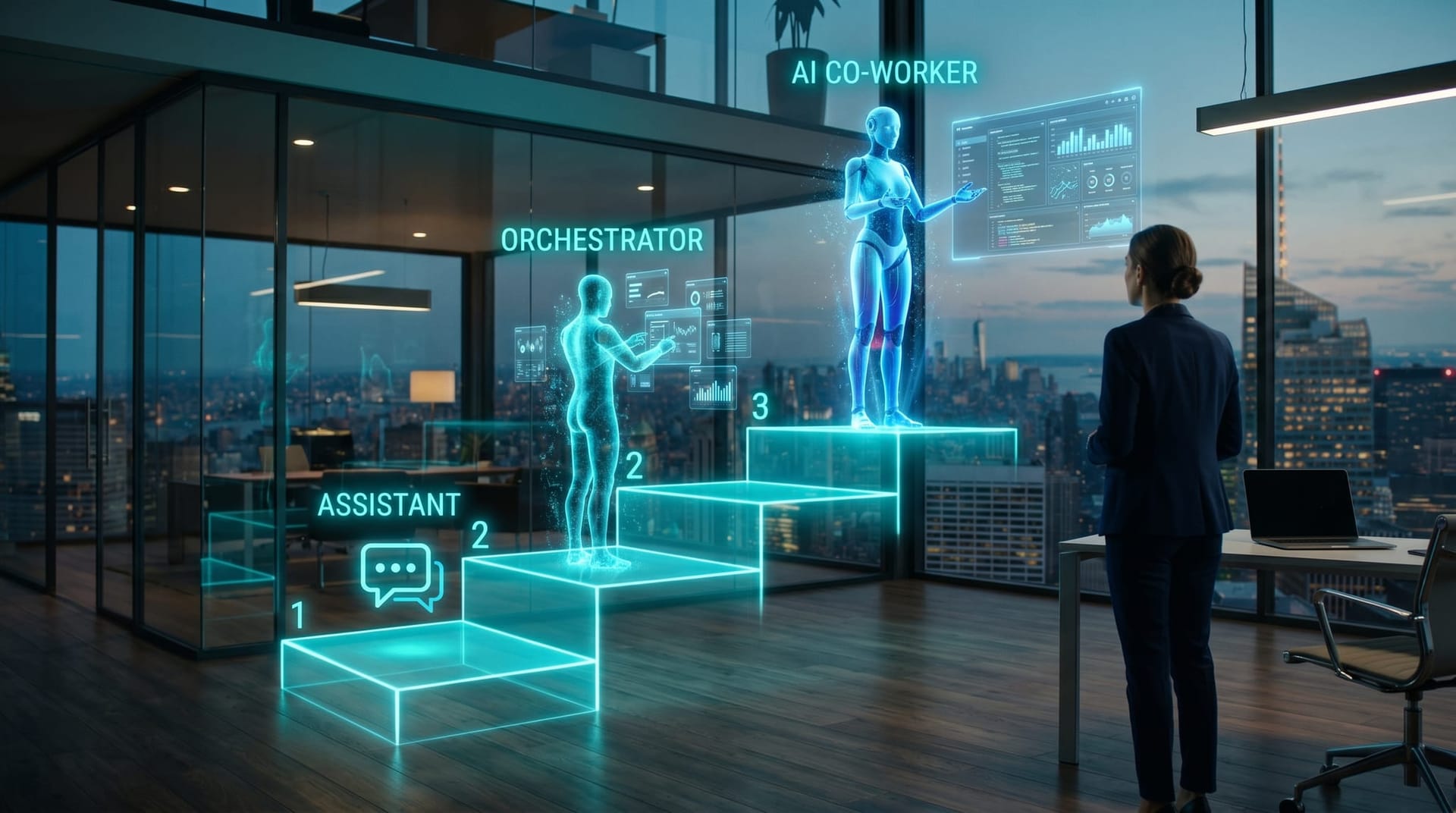 A three-rung glowing cyan staircase of holographic AI figures rising from assistant to orchestrator to AI co-worker, illustrating the agentic marketing arc.