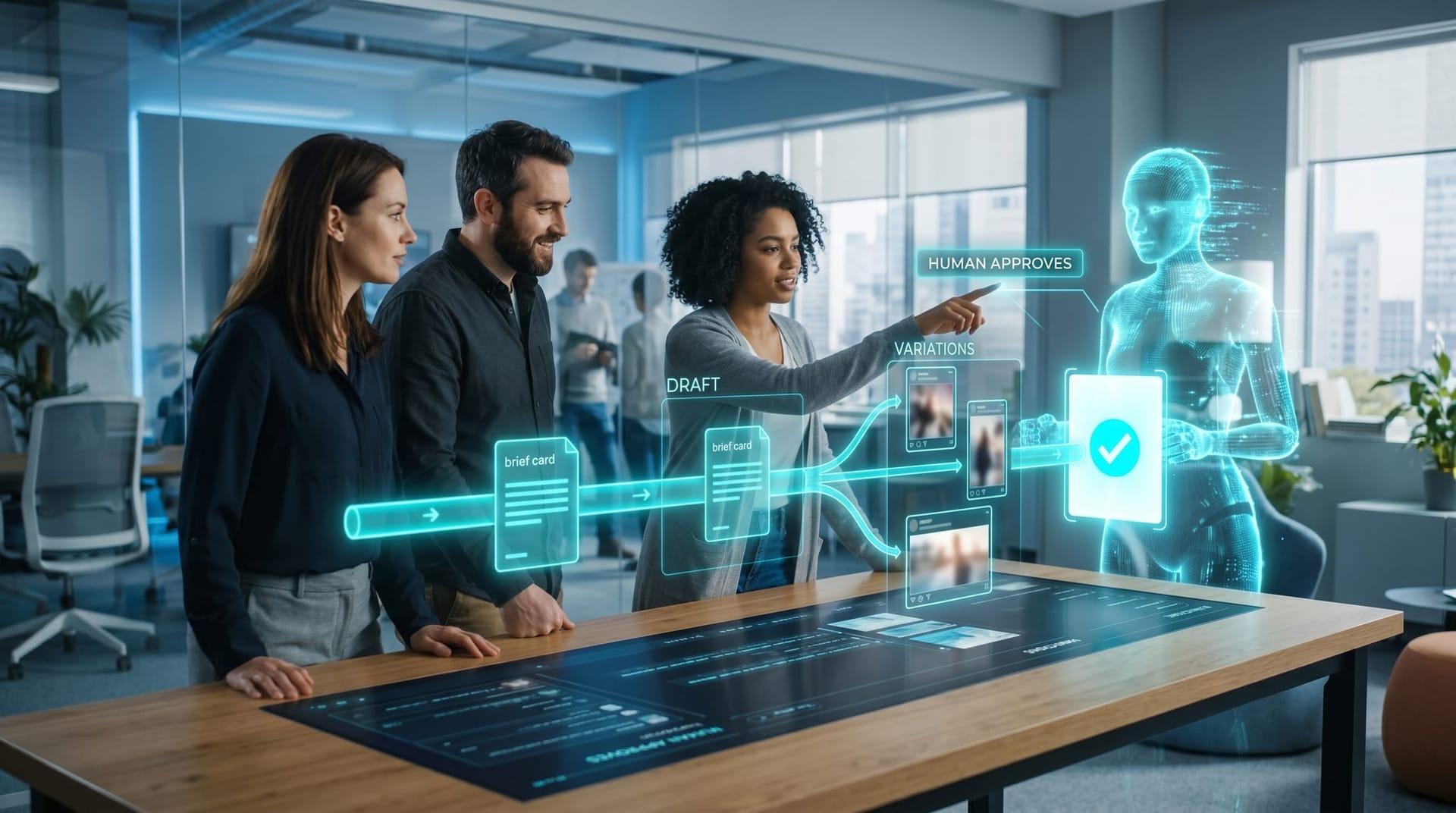 A small marketing team and a cyan AI Employee avatar moving a content brief through draft, on-brand variations, and a human approval gate on a glowing pipeline.