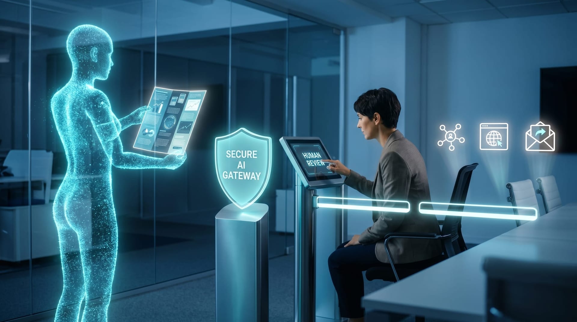 A cyan holographic gateway shield and a human approval gate standing between an AI Employee avatar and live publishing channels, showing governed orchestration.