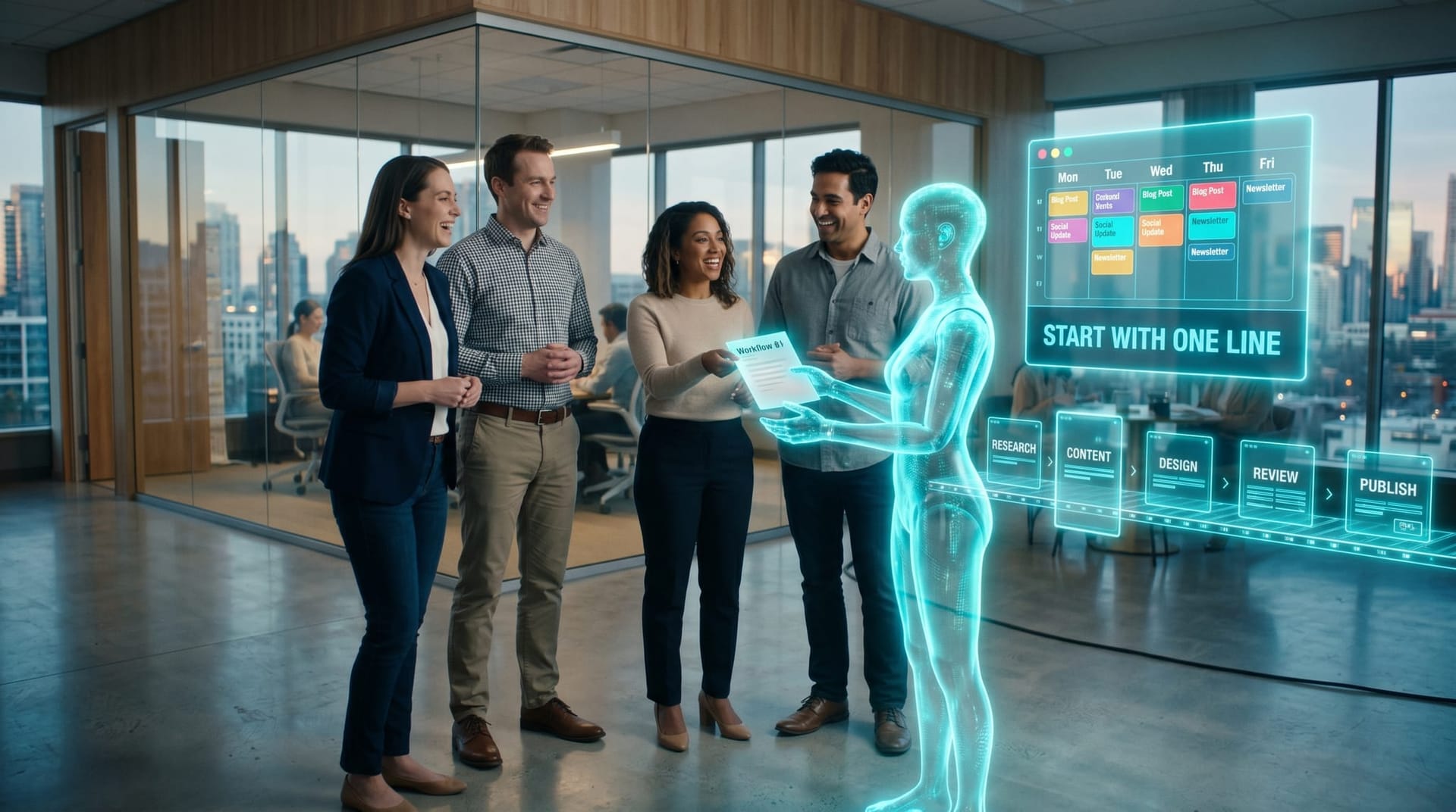 A small Northeast Indiana marketing team in a glass-walled office handing one documented content line to a translucent cyan AI Employee avatar to orchestrate.