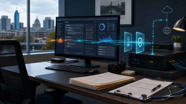 Fort Wayne office workstation running Microsoft Copilot with a security gateway appliance nearby, illustrating Copilot prompt injection risk and data exfiltration controls.