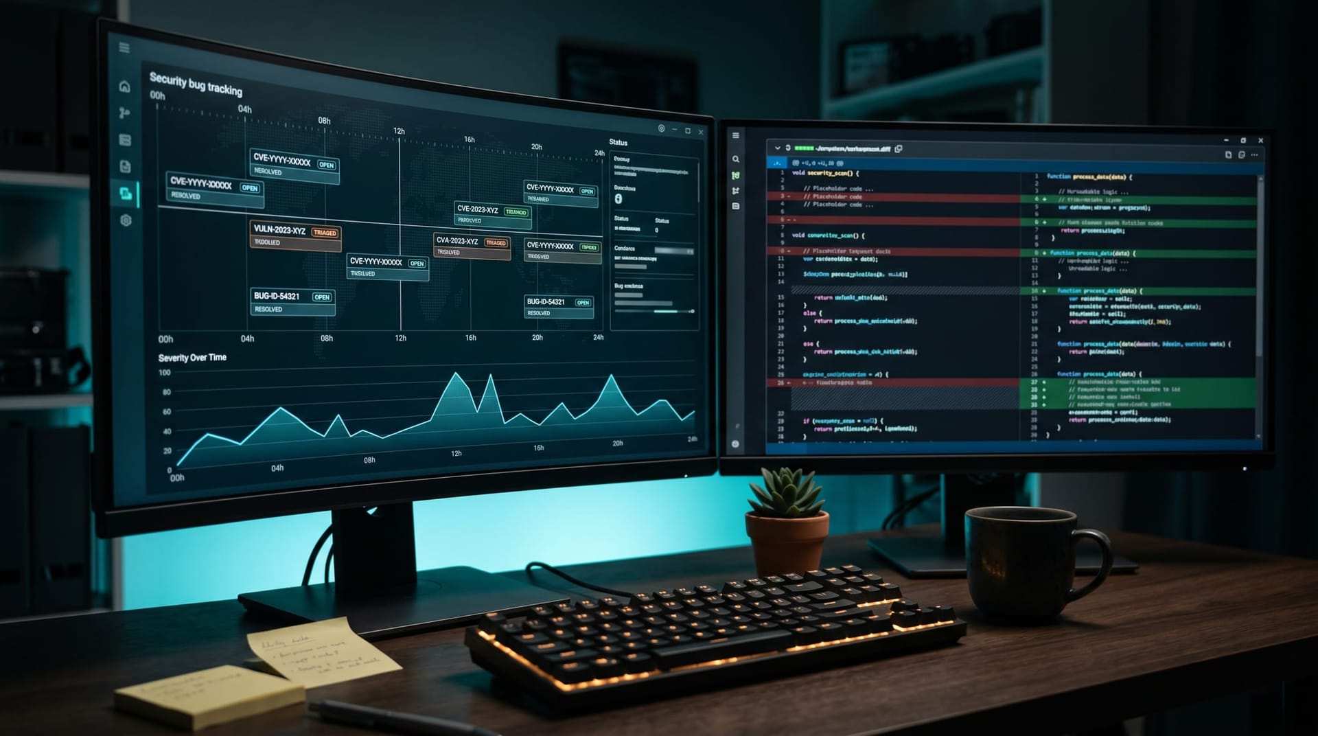 Close-up of a developer workstation showing an abstract vulnerability research dashboard with CVE identifiers and timeline markers tracking a Copilot Studio prompt injection patch cycle.