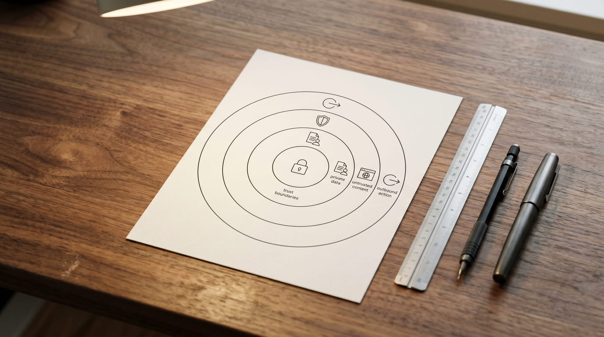 Abstract layered security diagram visual showing concentric rings of trust boundaries around a central AI agent tool-use icon, representing the lethal trifecta framework for prompt injection.