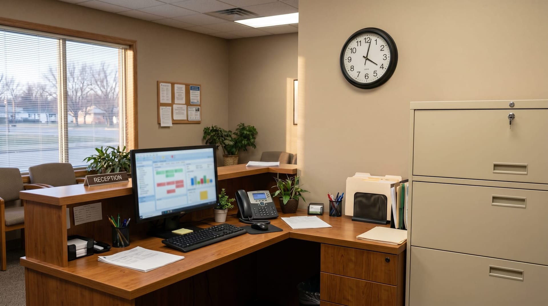 A quiet healthcare administrative office with a computer showing an abstract patient records interface and a locked filing cabinet, representing HIPAA data exposure through Microsoft Copilot agents.