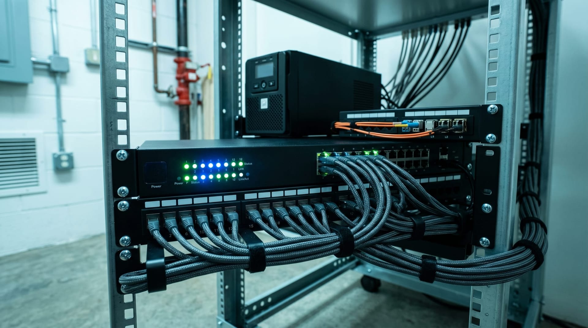 Server rack with a security gateway appliance showing active network traffic indicators, representing a Secure AI Gateway controlling outbound data flow for enterprise AI tools.