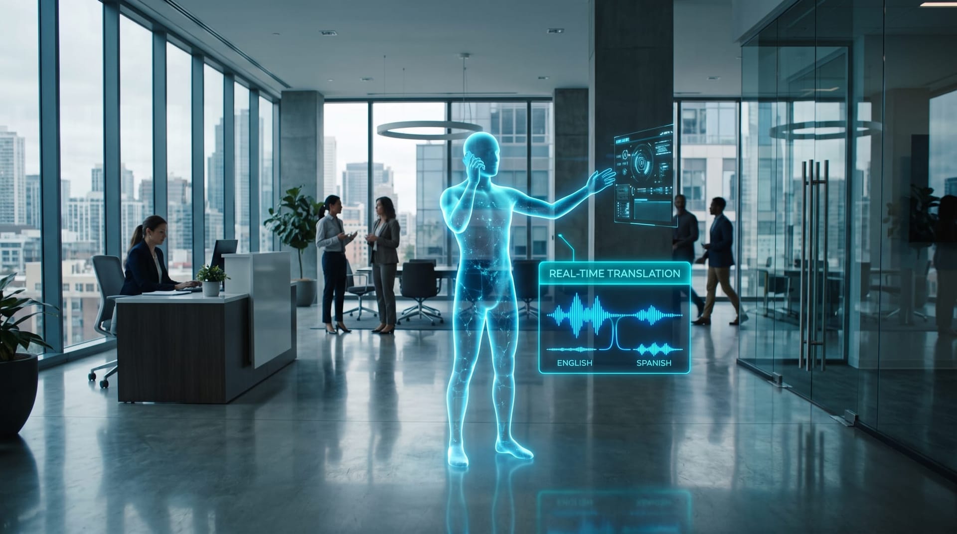 Holographic cyan AI receptionist taking a live multilingual customer phone call in a modern Fort Wayne office with floating translation panels