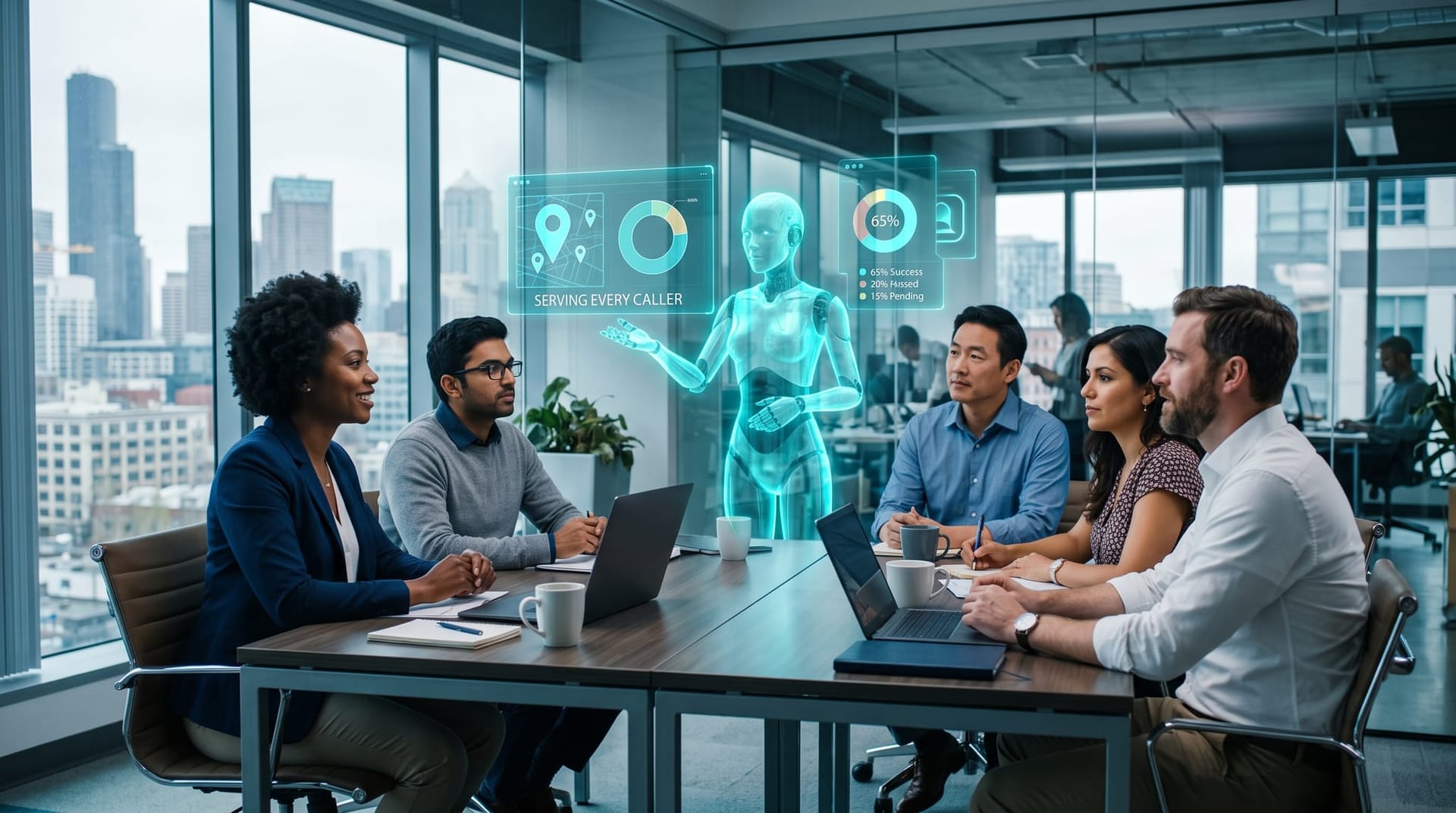 Diverse Fort Wayne small-business team collaborating with a holographic AI avatar around a conference table with multilingual data panels