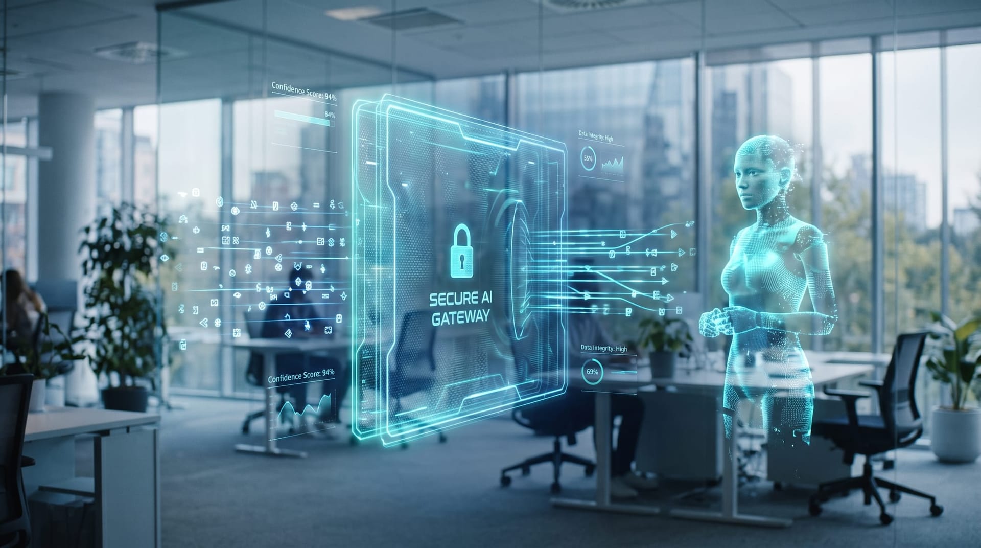Secure AI gateway concept with holographic shielded data flow protecting customer call information in a cool-lit office