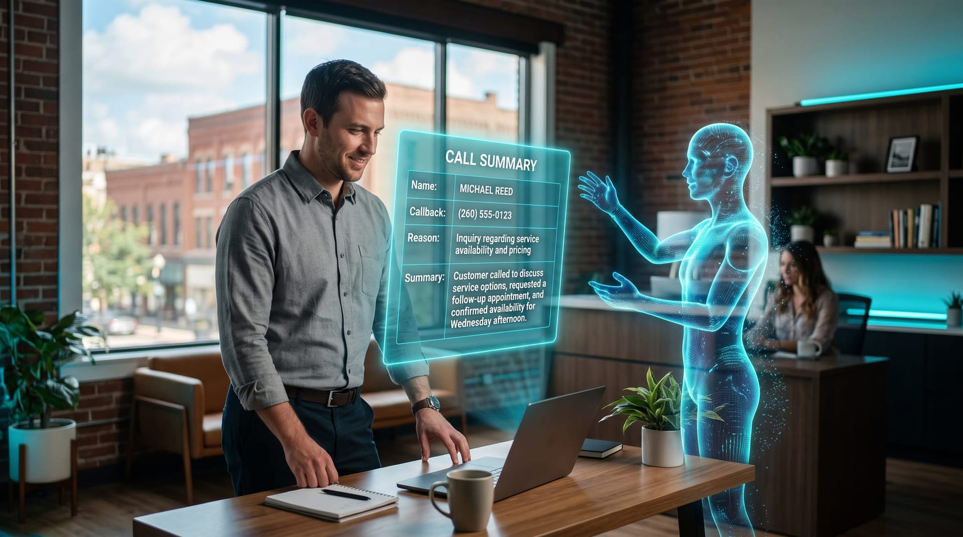 Holographic AI avatar and a service-business professional reviewing a clean English call summary on a floating cyan panel