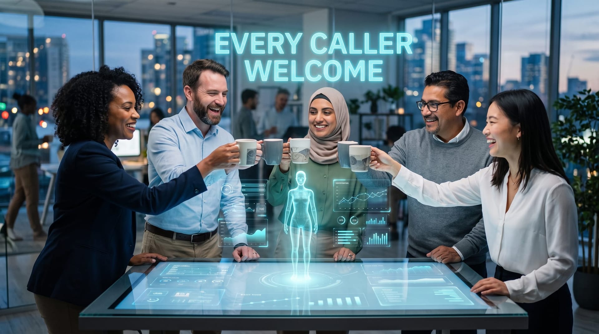 Diverse business team toasting coffee cups beside a holographic AI avatar with a floating multilingual welcome panel