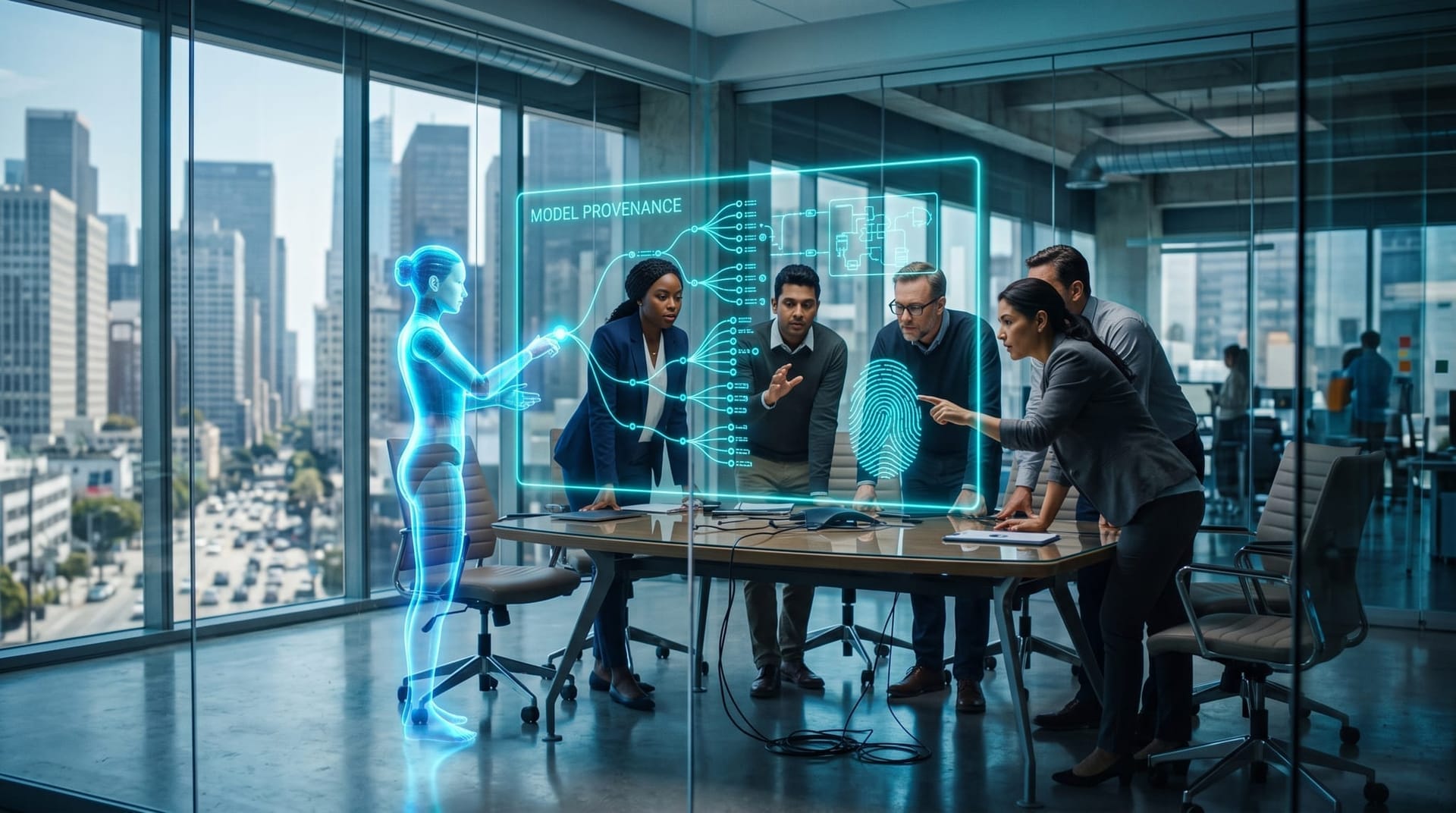 A Northeast Indiana IT team studies an AI model provenance lineage graph on a cyan holographic panel in a glass-walled Fort Wayne office