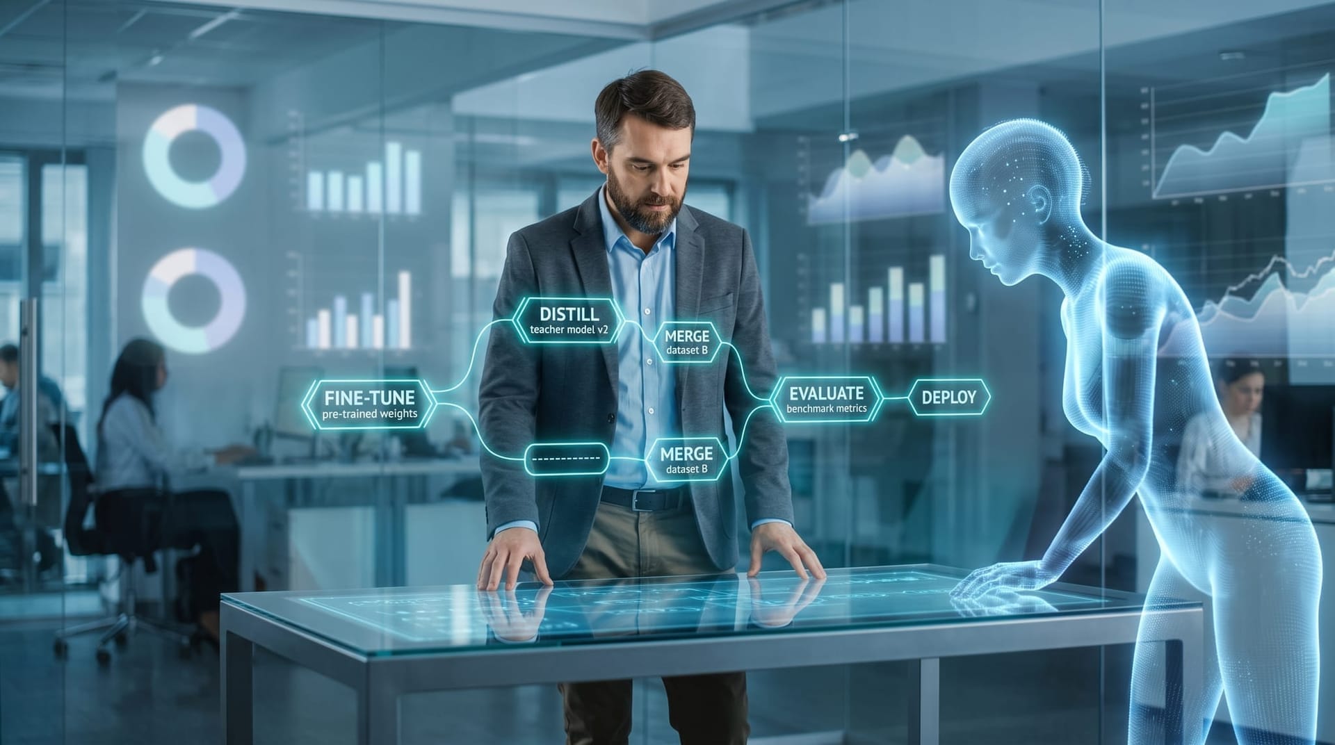 Business owner reviews a floating cyan derivation-history diagram of an AI model's origins with an AI Employee hologram nearby