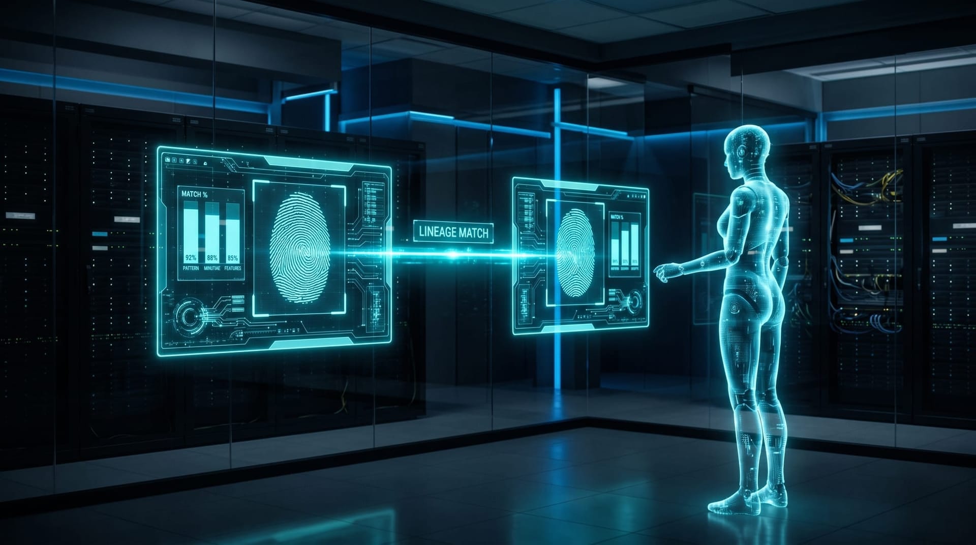 Two AI models compared side by side as glowing cyan fingerprint patterns on holographic panels showing weight-level similarity signals