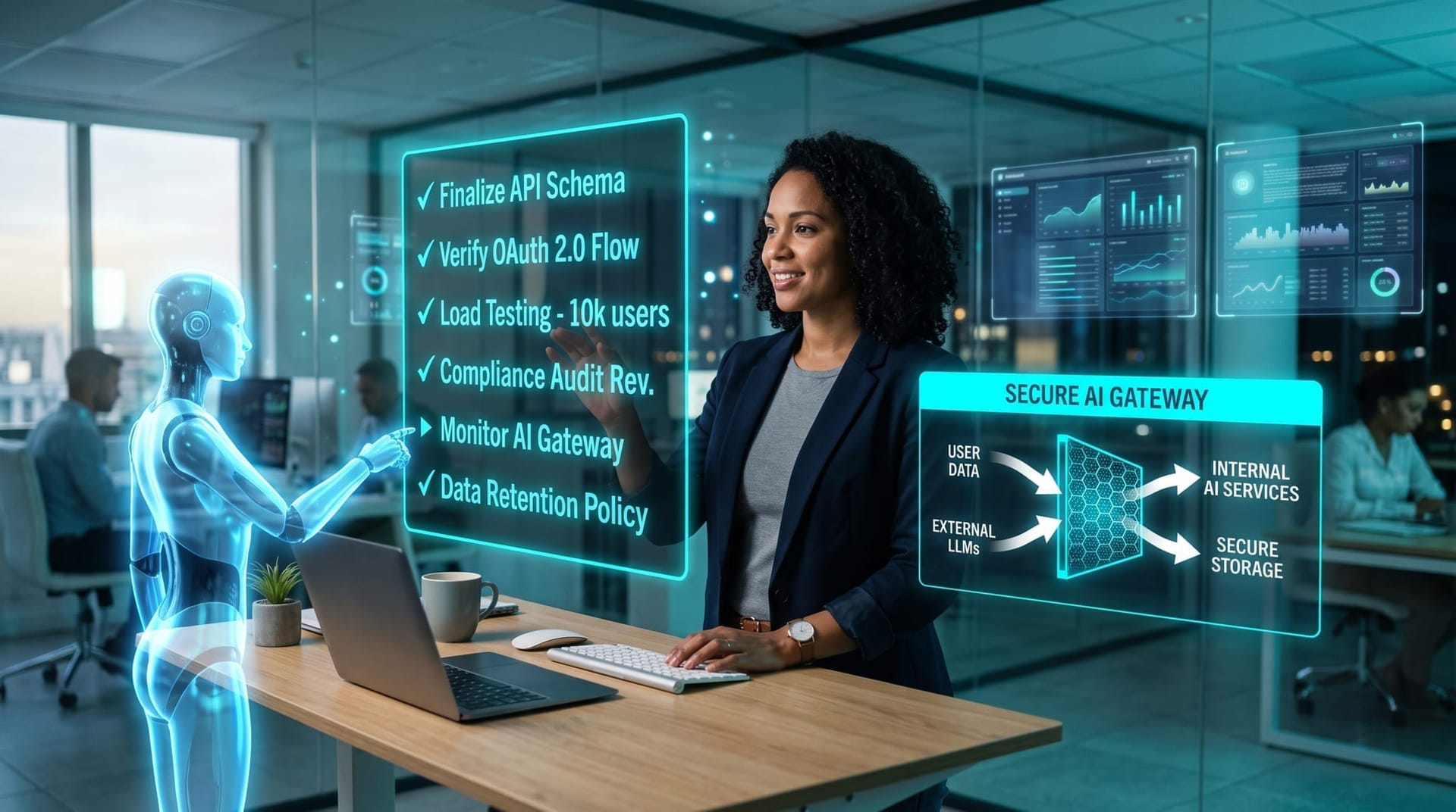 IT lead works through a holographic AI model provenance checklist with cyan checkmarks routed through a secure AI gateway panel
