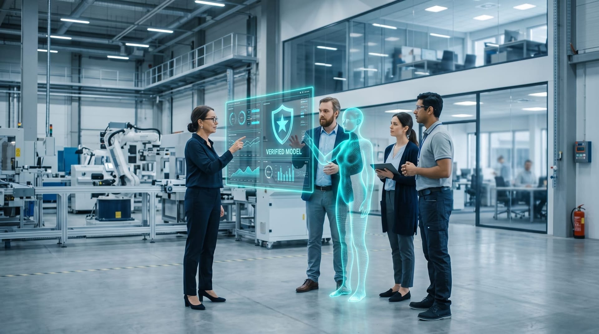 Fort Wayne manufacturing team reviews AI model governance data on a cyan holographic overlay on the production floor