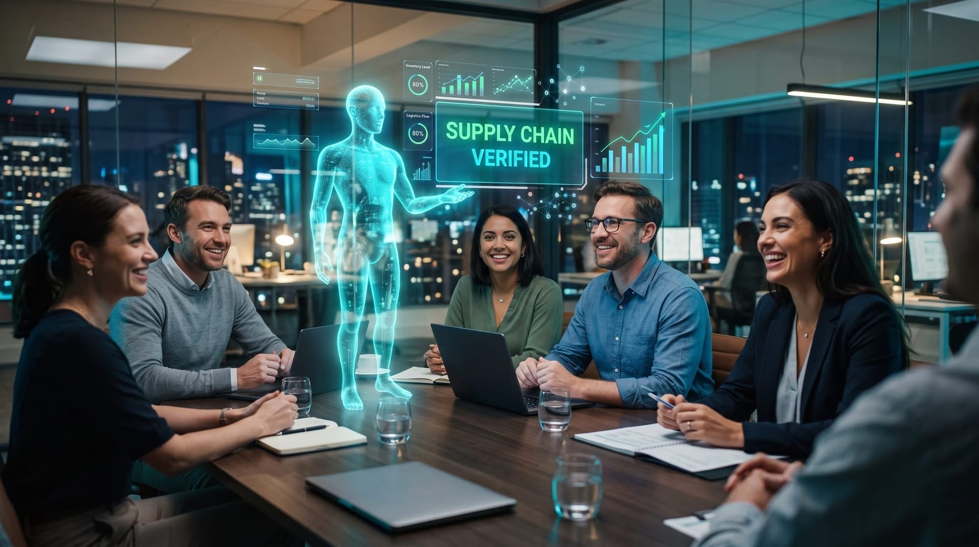 Colleagues around a conference table give a thumbs-up as a holographic AI avatar presents a verified-supply-chain dashboard in cyan