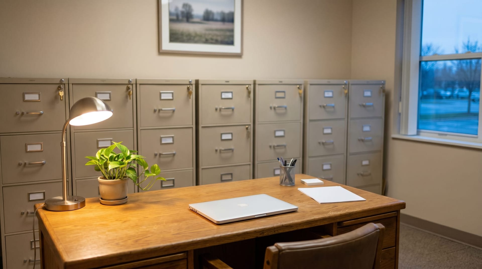 Fort Wayne medical office workspace at early morning with a closed laptop on a clean desk next to locked file cabinets, representing on-device privacy filter scrubbing PII before AI prompts leave the building.
