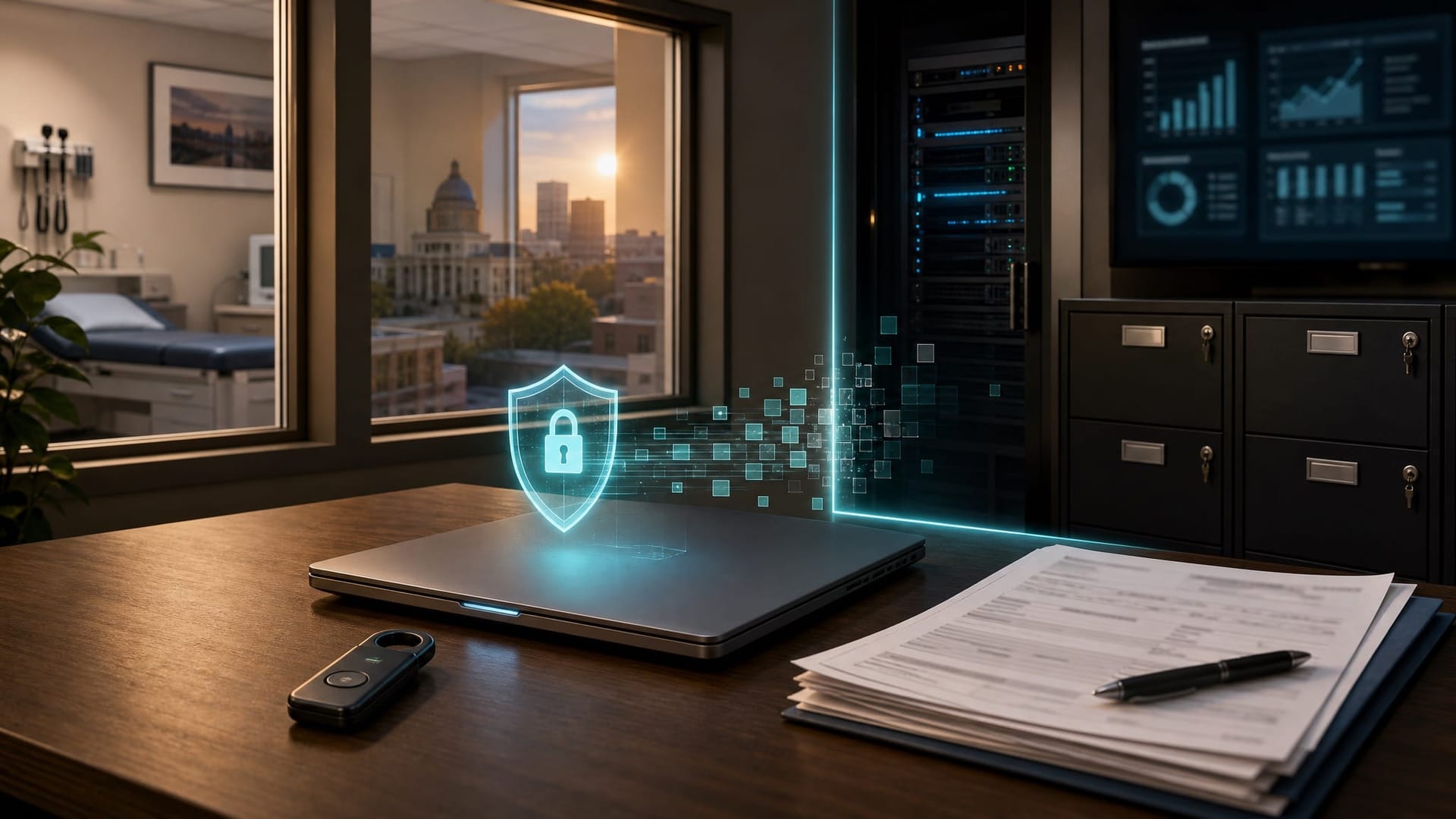 Fort Wayne medical office workspace at early morning with a closed laptop on a clean desk next to locked file cabinets, representing on-device privacy filter scrubbing PII before AI prompts leave the building.