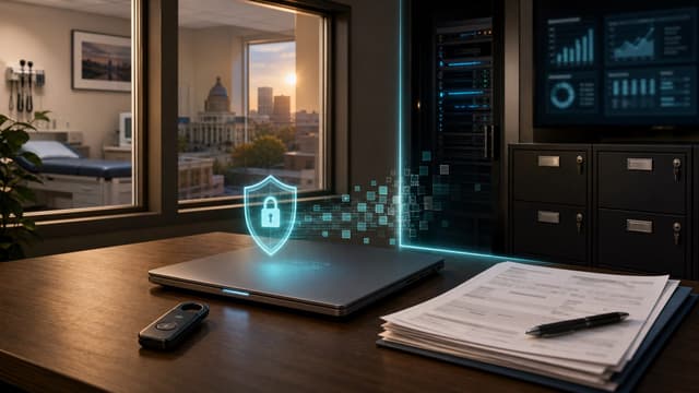 Fort Wayne medical office workspace at early morning with a closed laptop on a clean desk next to locked file cabinets, representing on-device privacy filter scrubbing PII before AI prompts leave the building.