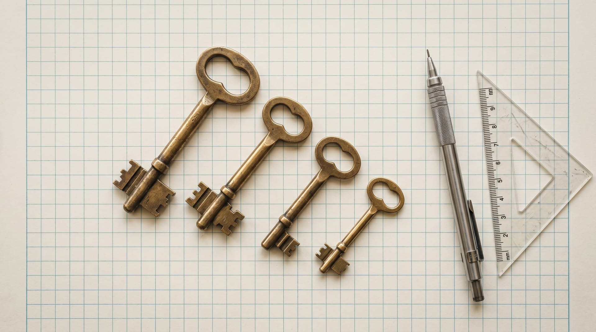 Overhead shot of four stacked brass keys in graduated sizes on an architect's grid paper, symbolizing the four-layer privacy-sanitized AI architecture for Fort Wayne regulated businesses.
