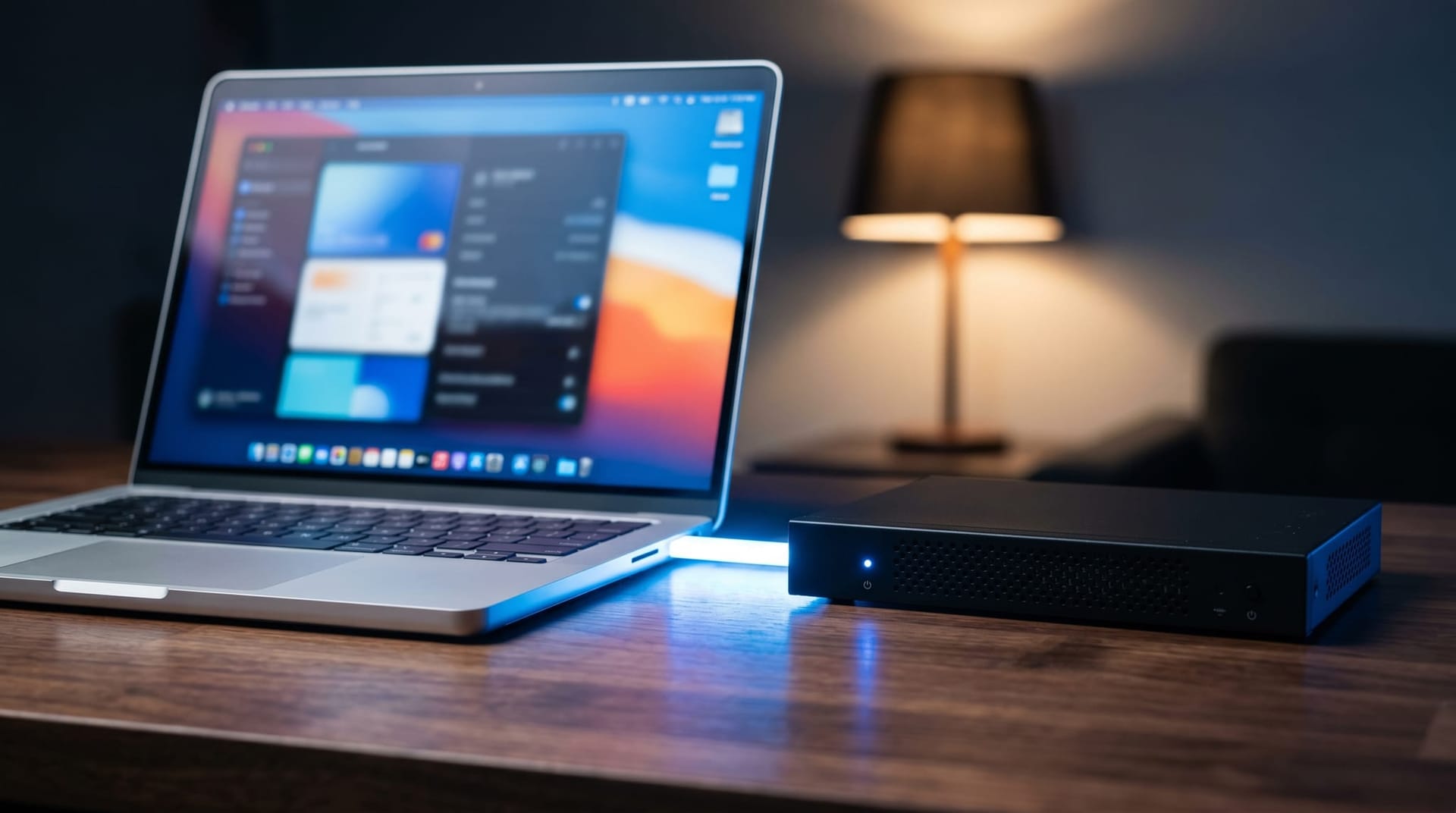 Close-up of an open laptop and a local inference appliance side by side with a subtle flow of data indicated by cool blue lighting, representing on-device PII scrubbing before cloud AI.