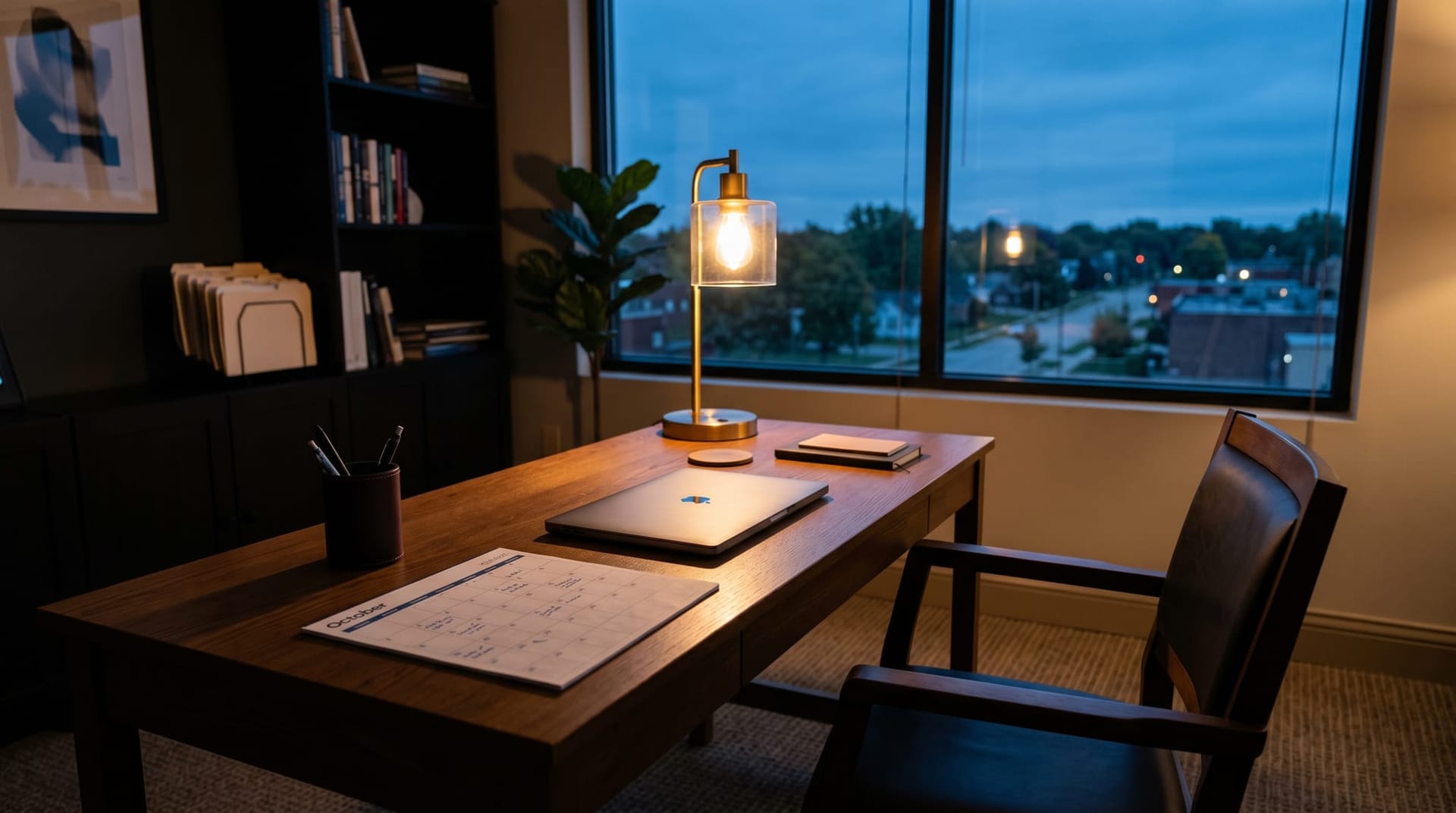 Quiet Northeast Indiana professional office at dusk with a neat desk, a printed calendar grid, and warm window light, depicting a 30-60-90 day privacy-sanitized AI rollout plan.