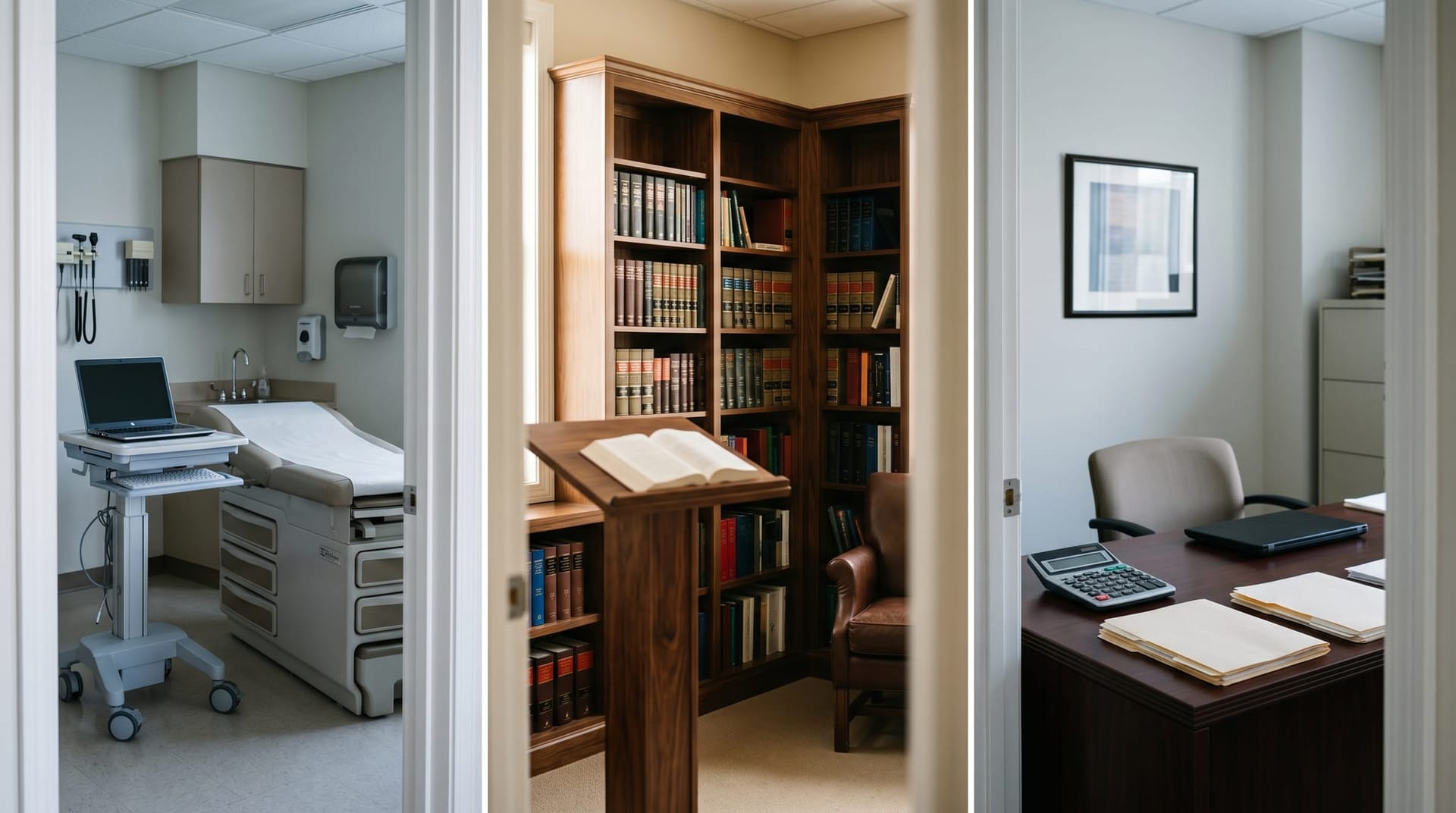 Triptych of three Fort Wayne professional settings — clinical exam room, law firm library, and CPA office — conveying regulated verticals unlocked by on-device PII scrubbing in 2026.