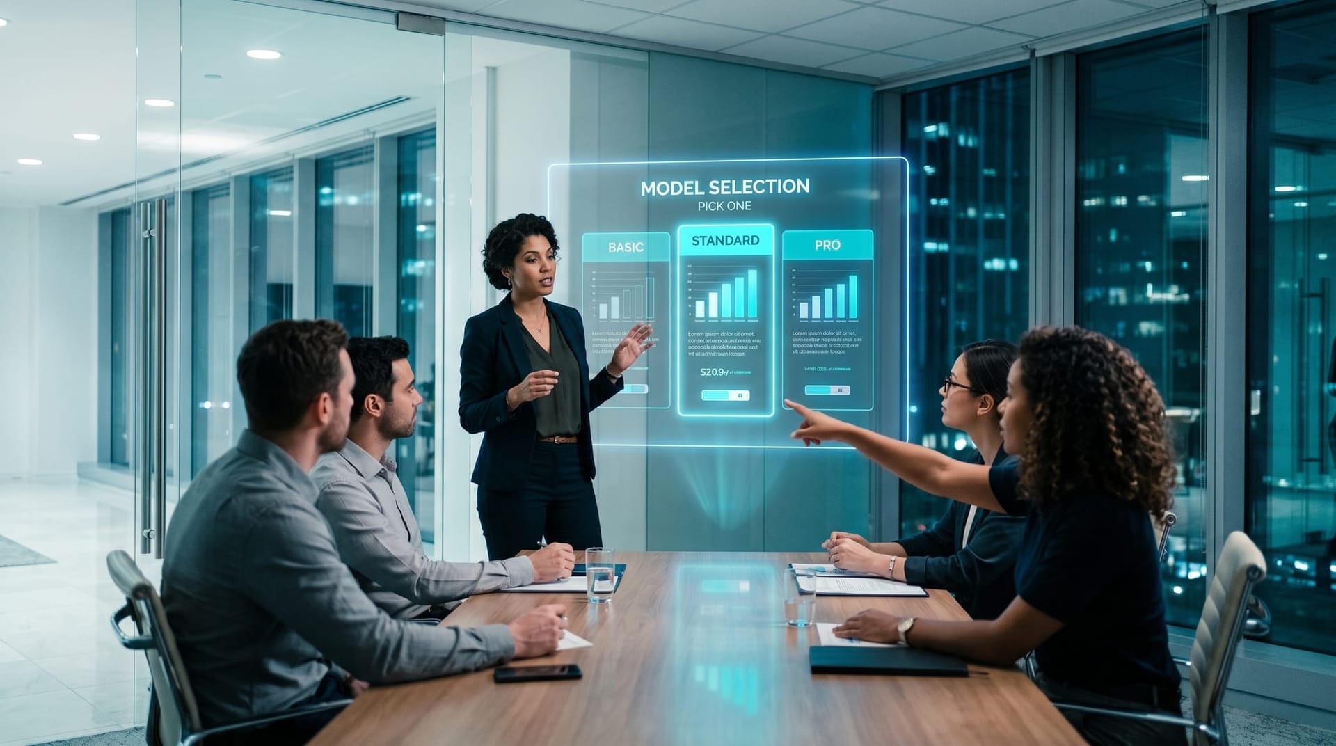 Colleagues compare three frontier AI model options on a glowing cyan holographic selection board while choosing one tool to learn deeply