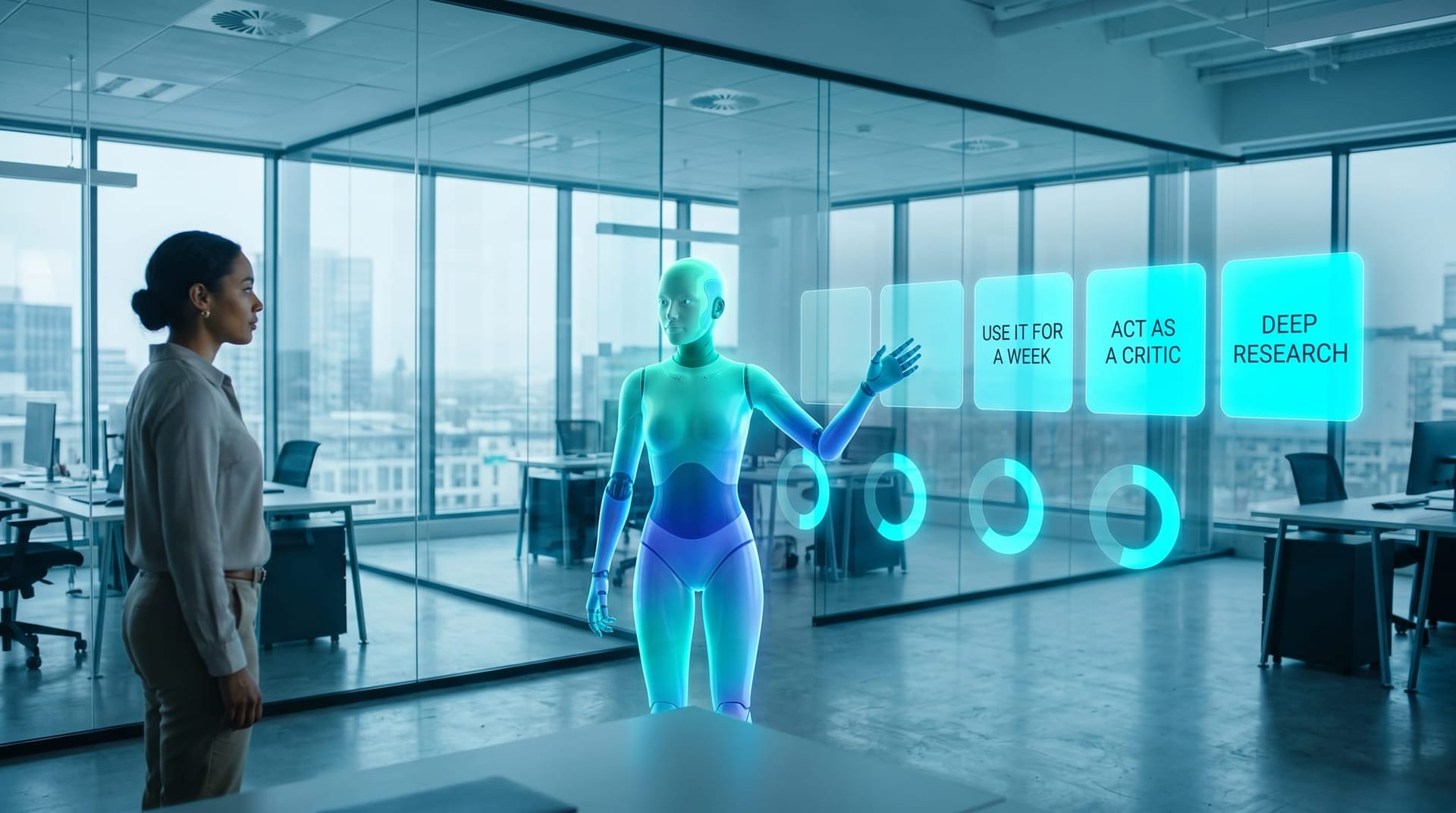 A translucent cyan AI Employee avatar guides a professional through a one-week daily-use habit shown as glowing holographic day tiles