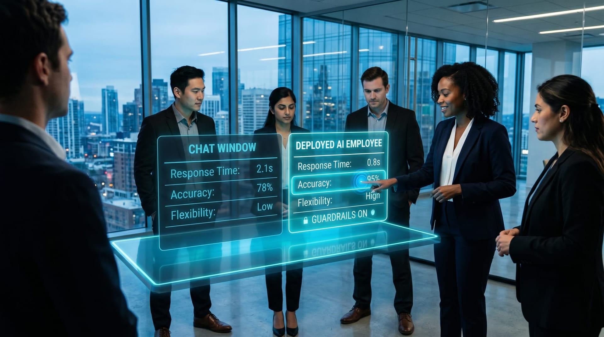 A team studies a holographic comparison table contrasting chat-window dabbling against a deployed AI Employee running a workflow with guardrails