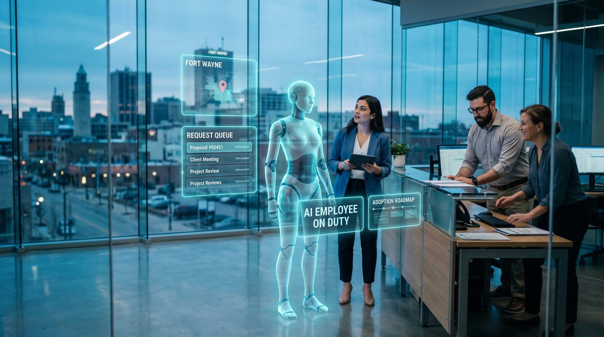 A translucent cyan AI Employee hologram works alongside a Northeast Indiana team at a front desk and quoting station under an adoption-roadmap overlay