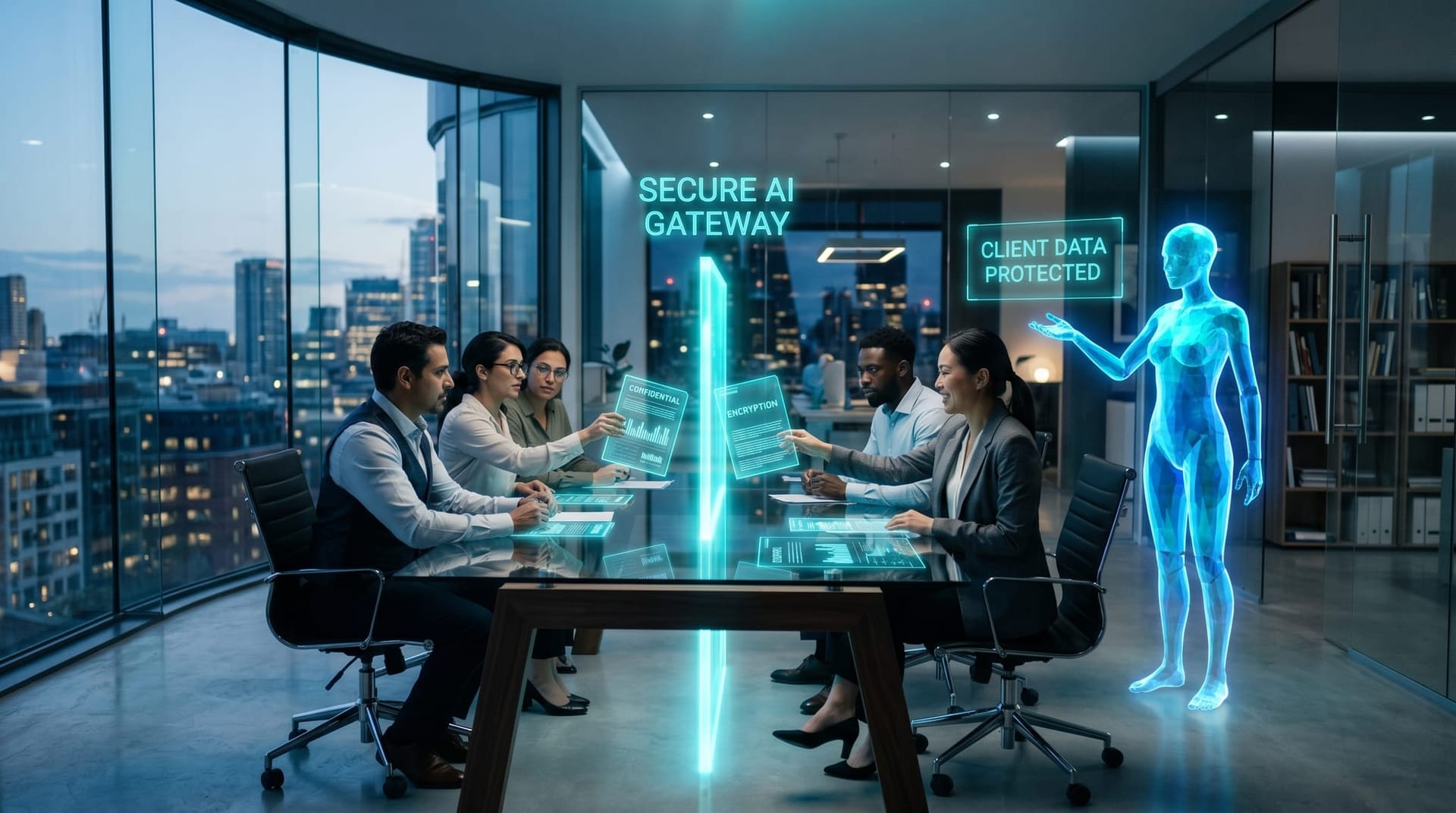 A Fort Wayne professional-services team routing client documents through a glowing cyan secure AI gateway instead of personal chatbots in a glass-walled office