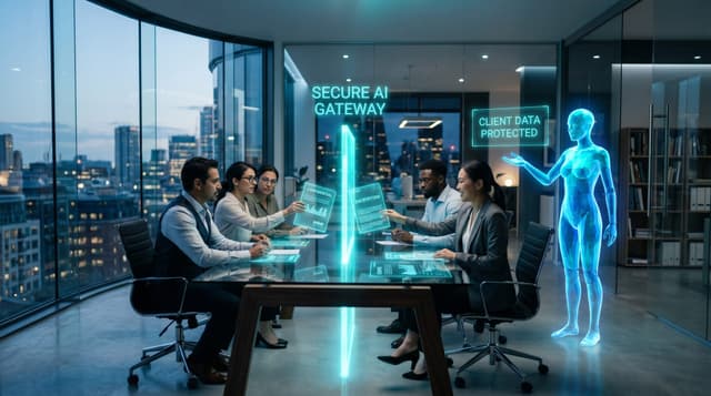 A Fort Wayne professional-services team routing client documents through a glowing cyan secure AI gateway instead of personal chatbots in a glass-walled office