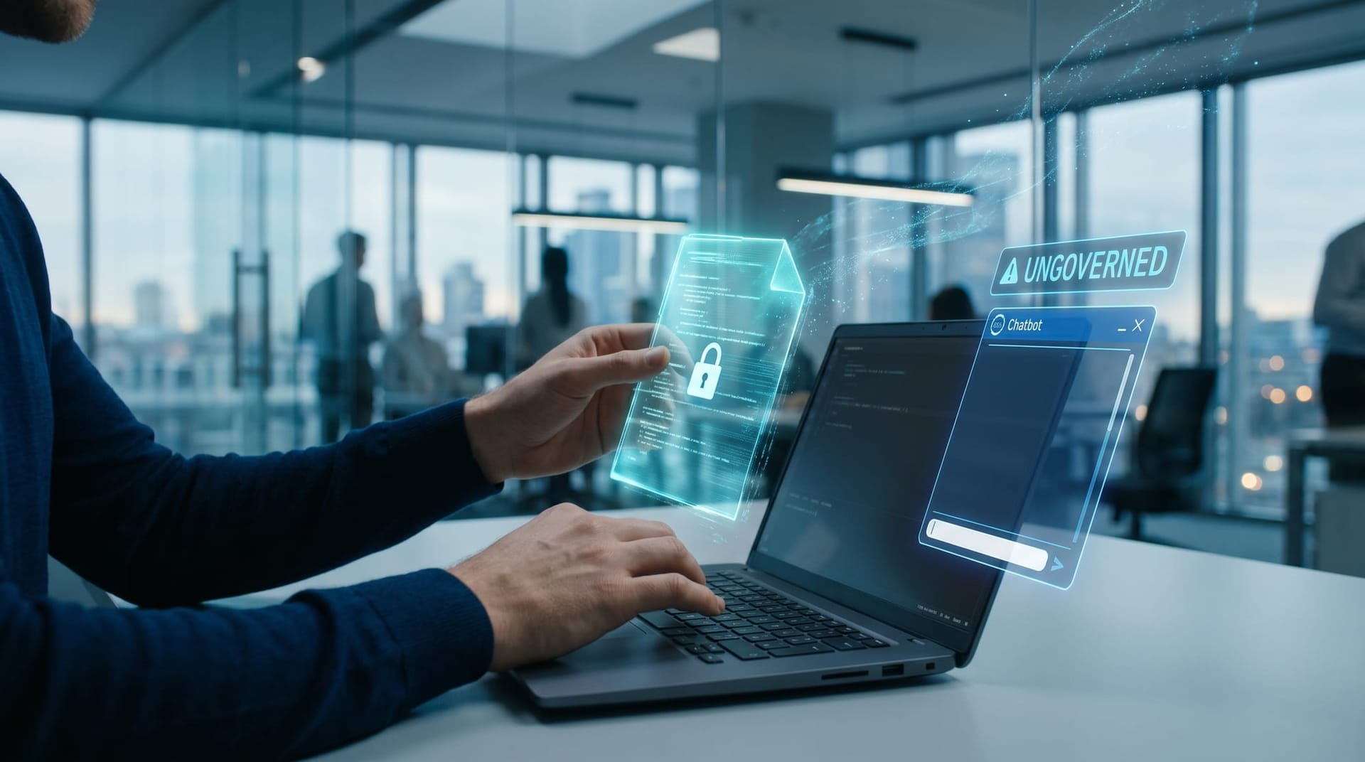 A close view of hands pasting a glowing confidential document into an unguarded floating chatbot panel showing exposed client data in a cool-lit office