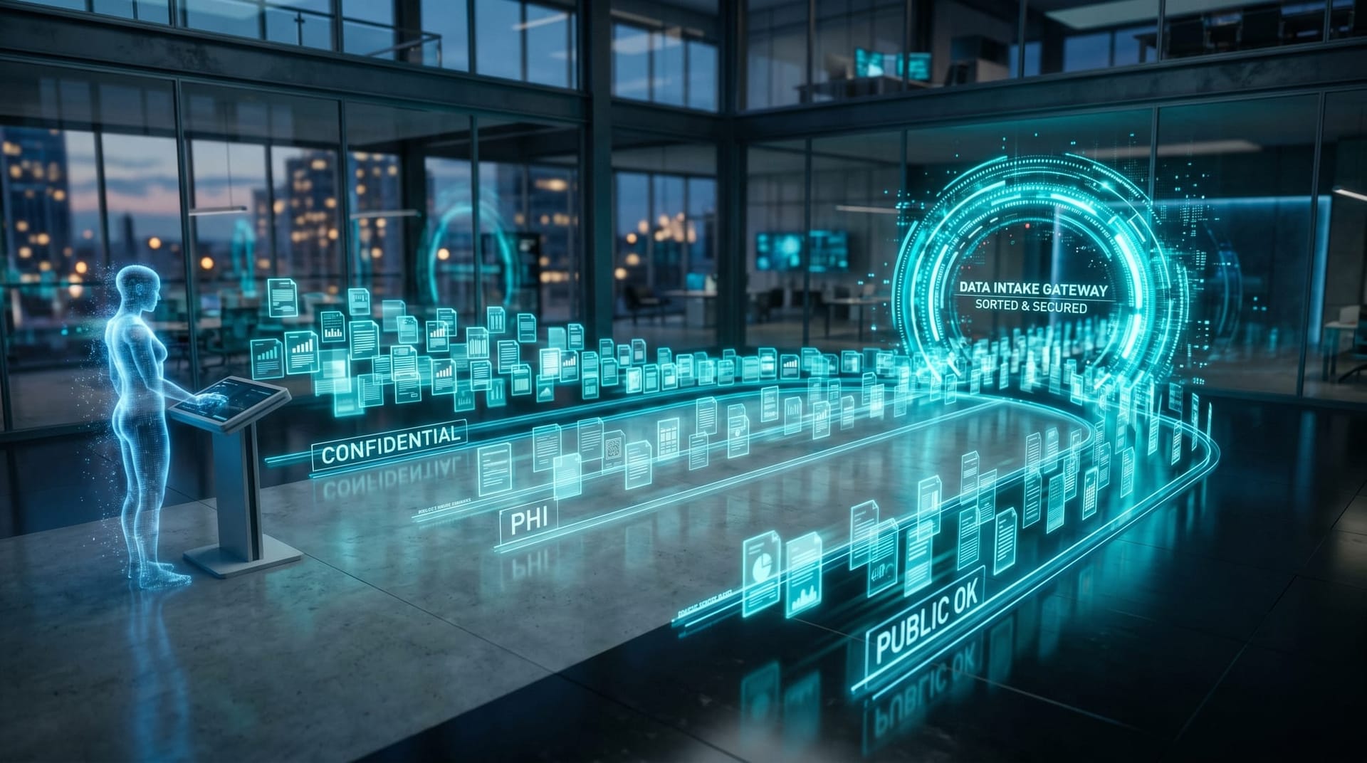 Floating cyan classification panels sorting documents into safe and restricted lanes routed toward a glowing secure gateway in a futuristic office