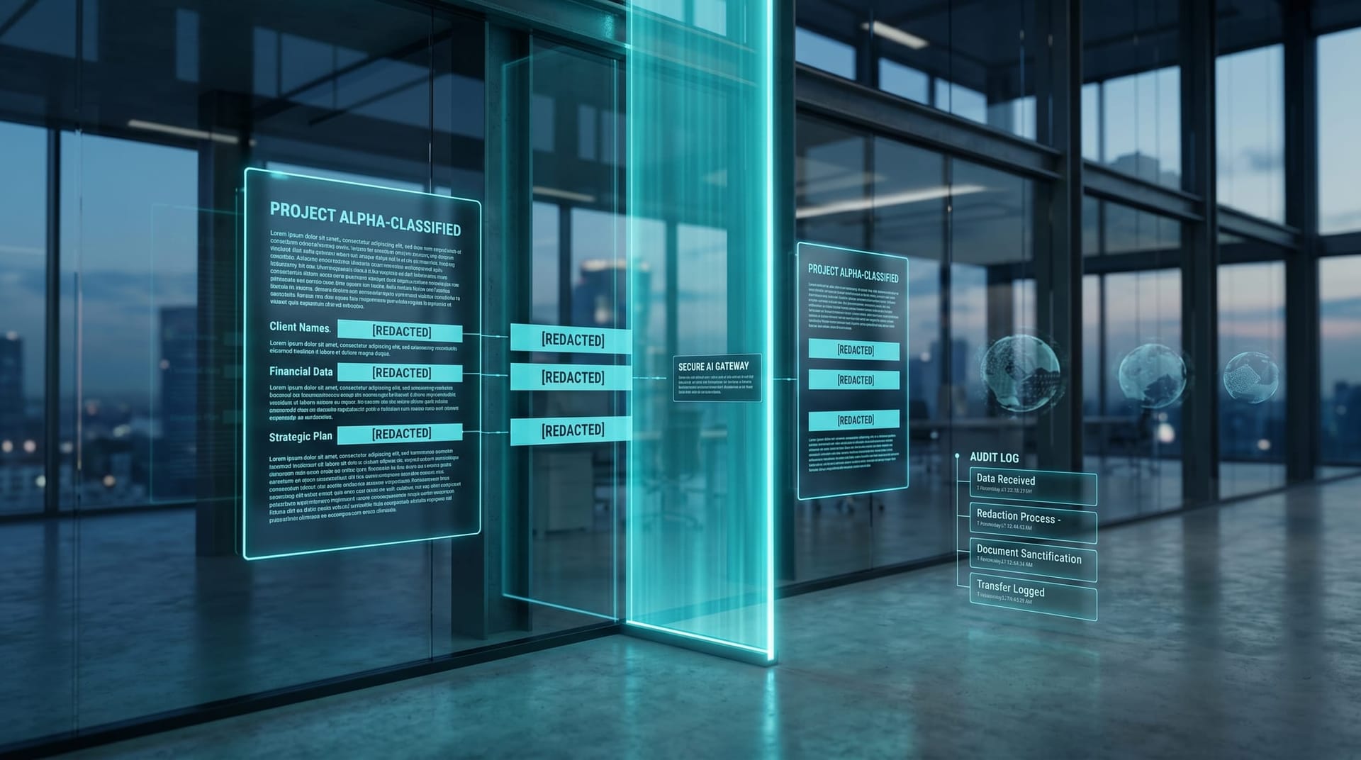 A glowing cyan secure AI gateway scrubbing sensitive fields from a document before it reaches external AI models and writing an audit log