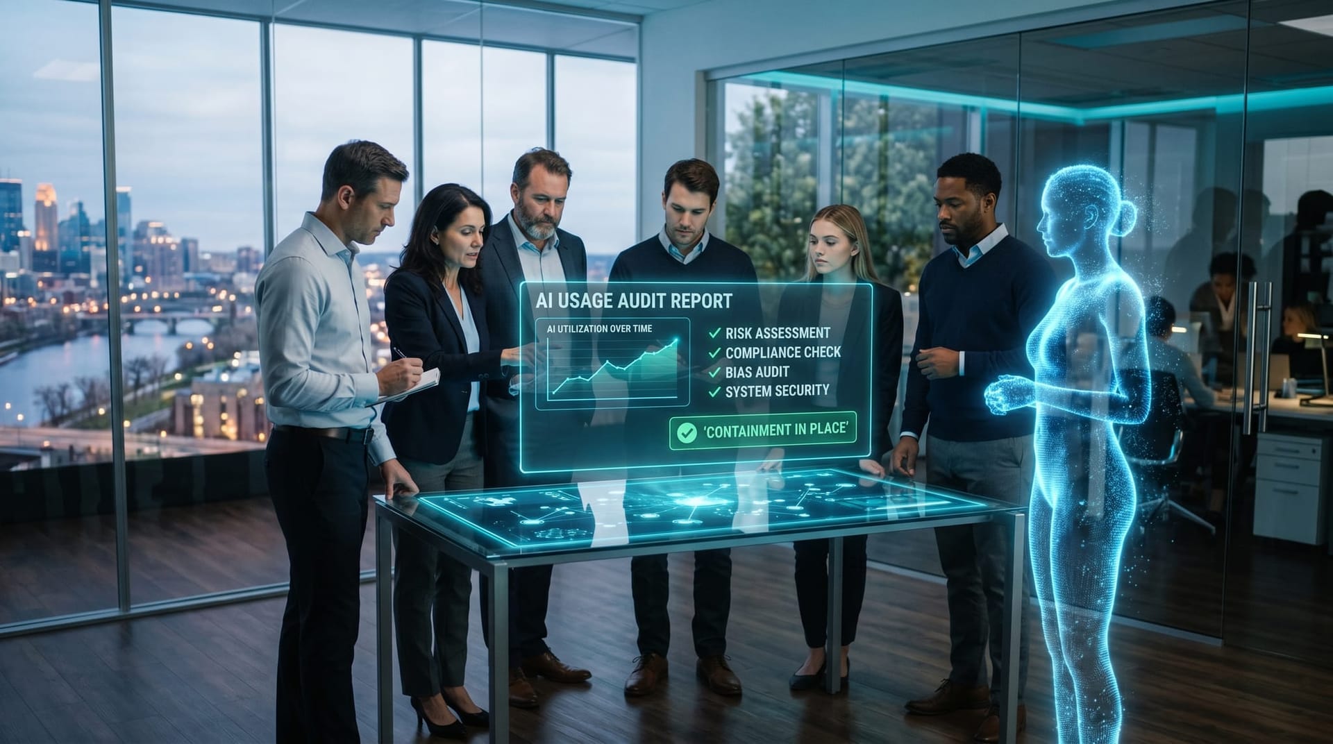A confident Northeast Indiana professional-services team reviewing a clean AI usage audit report on floating cyan panels in a calm glass-walled office